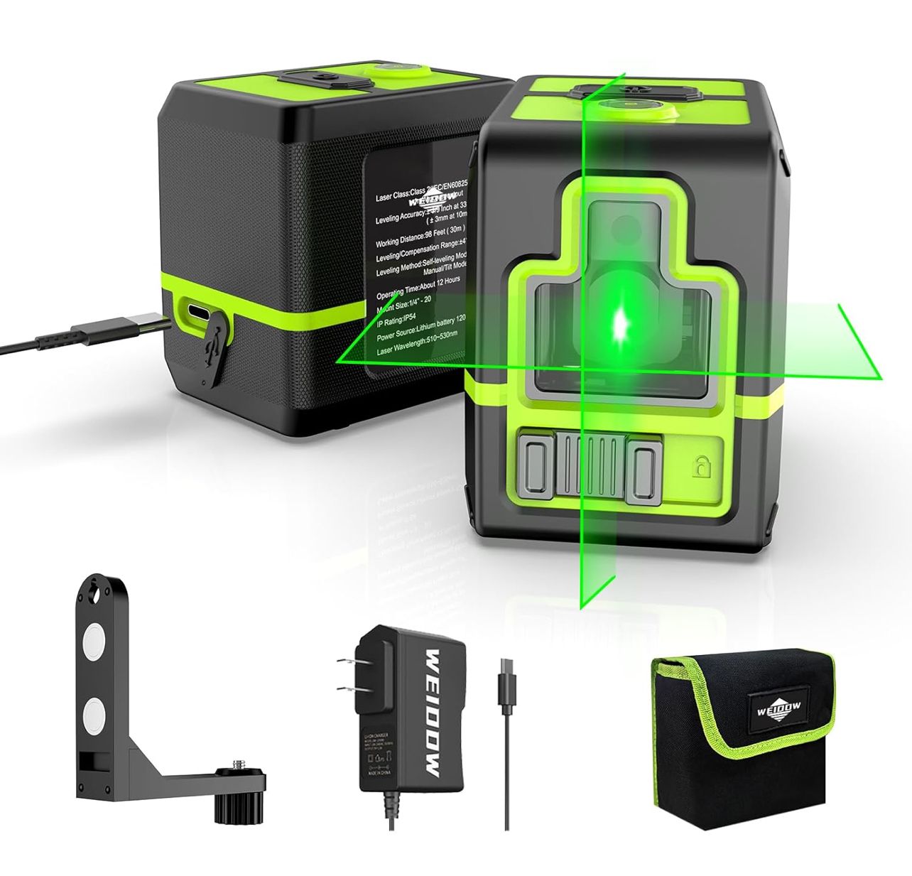 Nivel láser autonivelante de línea cruzada verde con base magnética pivotante de 360°