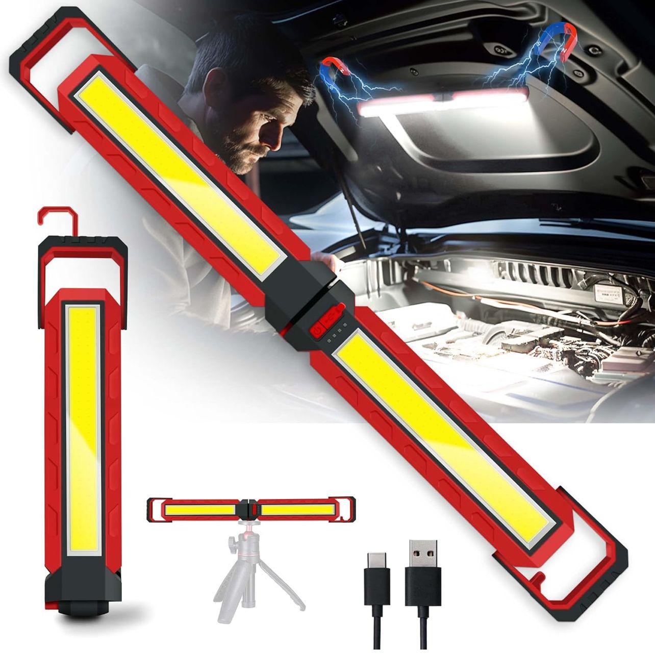 Luz de trabajo magnética para mecánico bajo el capó de 2500 lúmenes, plegable a 180°, recargable con capacidad de 4000 luces para reparación, inspección y taller.