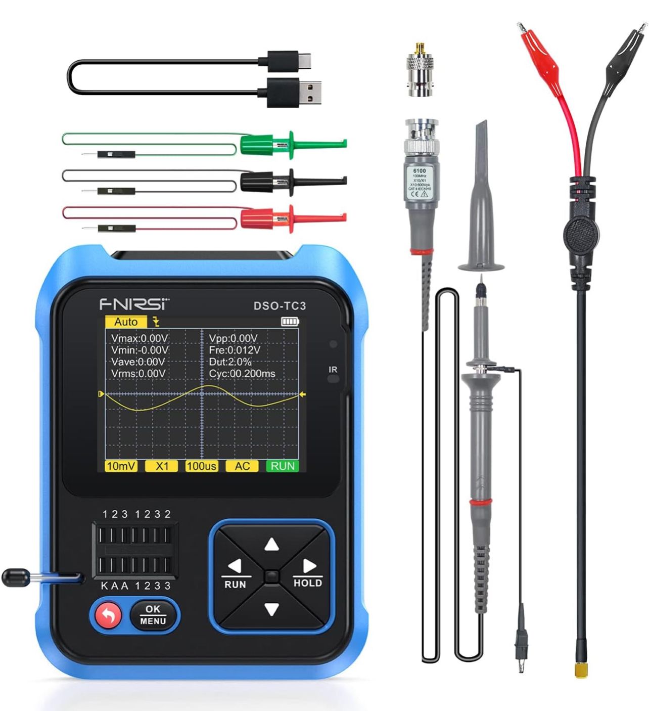 Osciloscopio portátil 3 en 1, generador de señales DDS y comprobador de transistores, ancho de banda de 500 kHz, frecuencia de muestreo de 10 MSa/s, 6 tipos de formas de onda, medición de transistores
