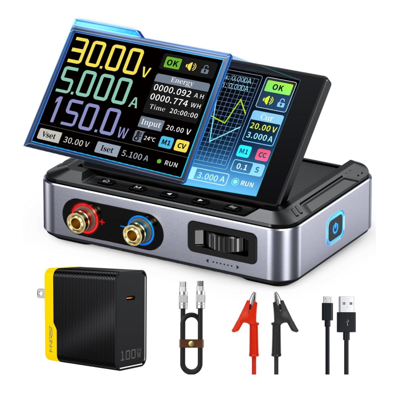 Fuente de alimentación CC variable FNIRSI DPS-150, 0-30 V, 0-5 A, ajustable, para CNC con pantalla IPS de 4 dígitos, rizado de potencia &lt;20 mV, entrada PD/QC/CC, fuente de alimentación conmutada regul