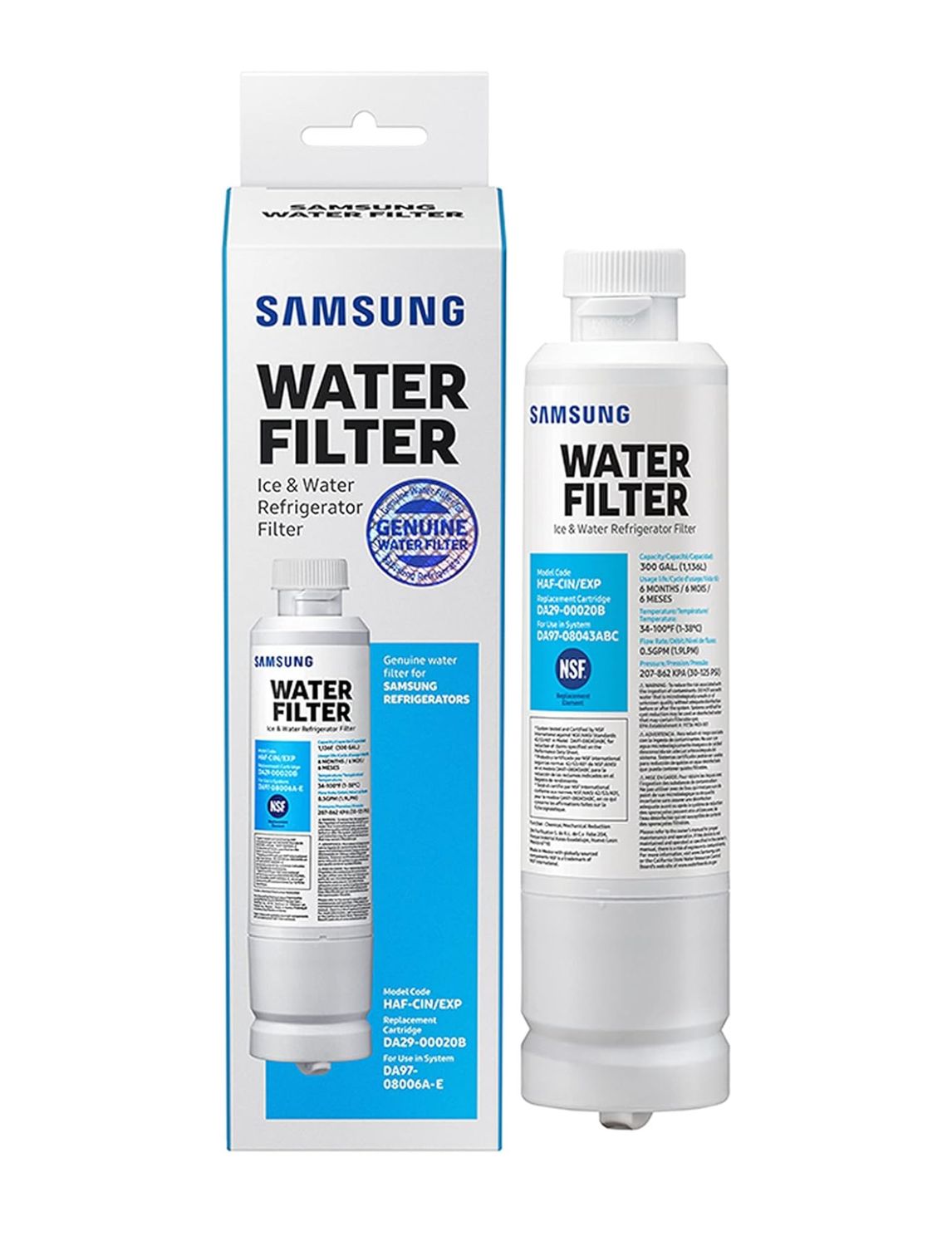 Filtro original Samsung para agua y hielo de refrigerador, filtración con bloque de carbón para agua potable limpia y cristalina, 6 meses de vida útil, HAF-CIN/EXP, 1 paquete