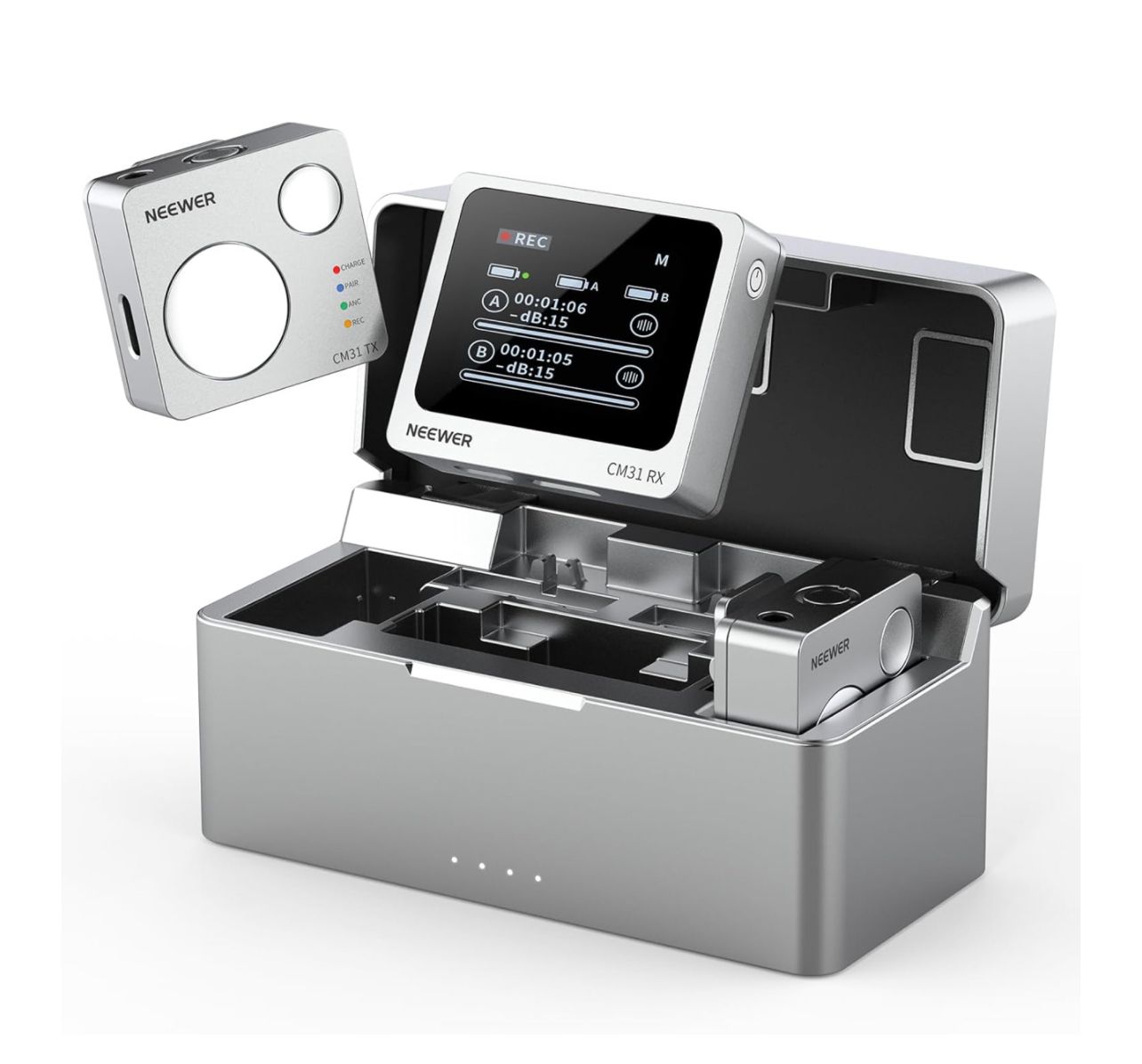 Micrófono de solapa inalámbrico Neewer CM31 con 8 GB de almacenamiento, alcance de 250 m, 48 KHz, cancelación de ruido de 24 bits, compatible con iPhone, iPad, Android, PC y cámara.