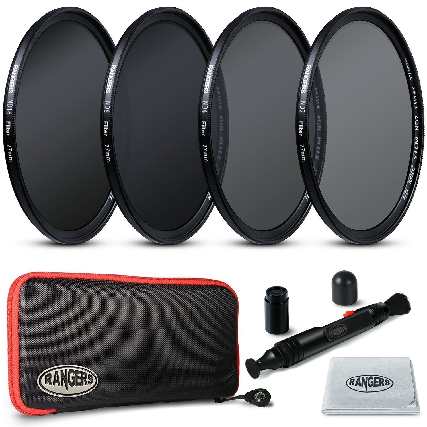 Rangers Focus Series 77mm Full ND Filters Includes Full ND2, ND4, ND8, ND16 Filters + Carrying Case + Lens Cleaning Cloth + Lens Cleaning Pen