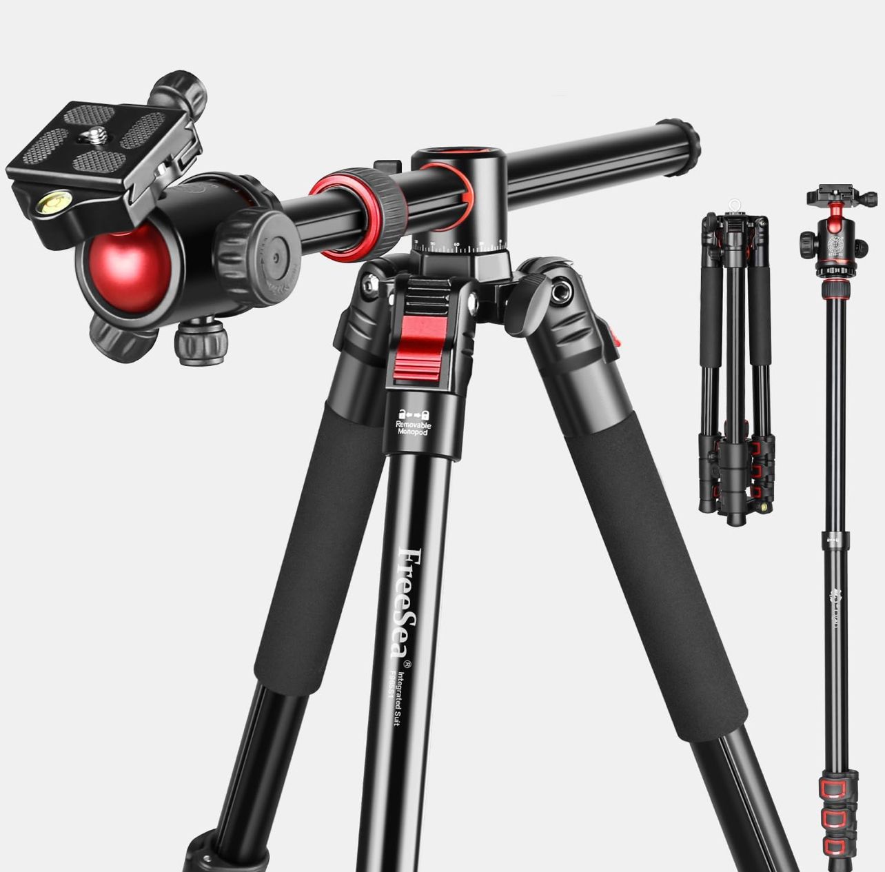 Trípode para cámara DSLR de 183 cm, columna central transversal de aluminio con rótula de 360 ​​grados, capacidad de carga de 15 kg, placa de liberación rápida y monopié desmontable.