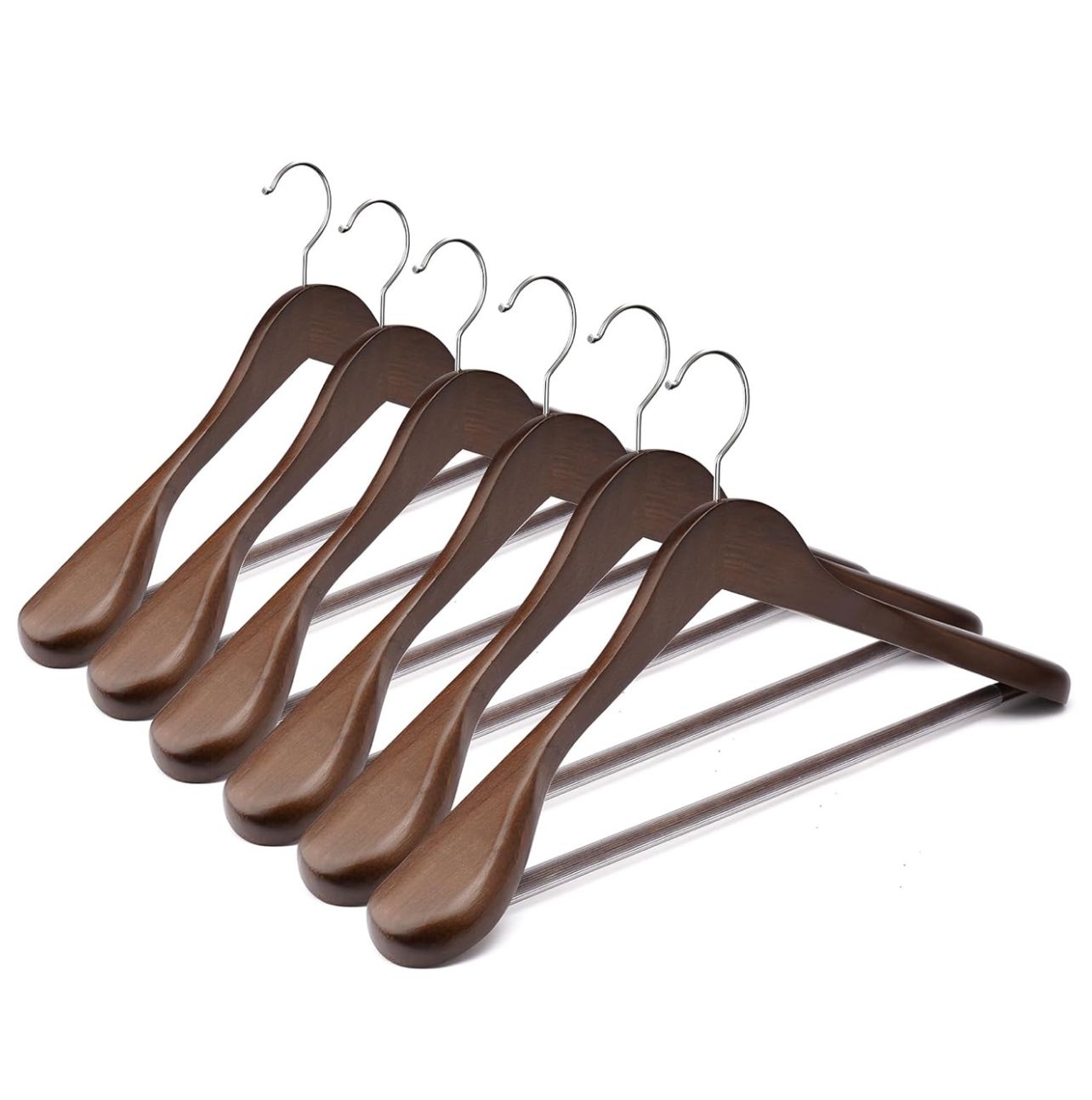 Perchas de madera para trajes (paquete de 6), perchas anchas con soporte antideslizante para pantalones, perchas resistentes para ropa