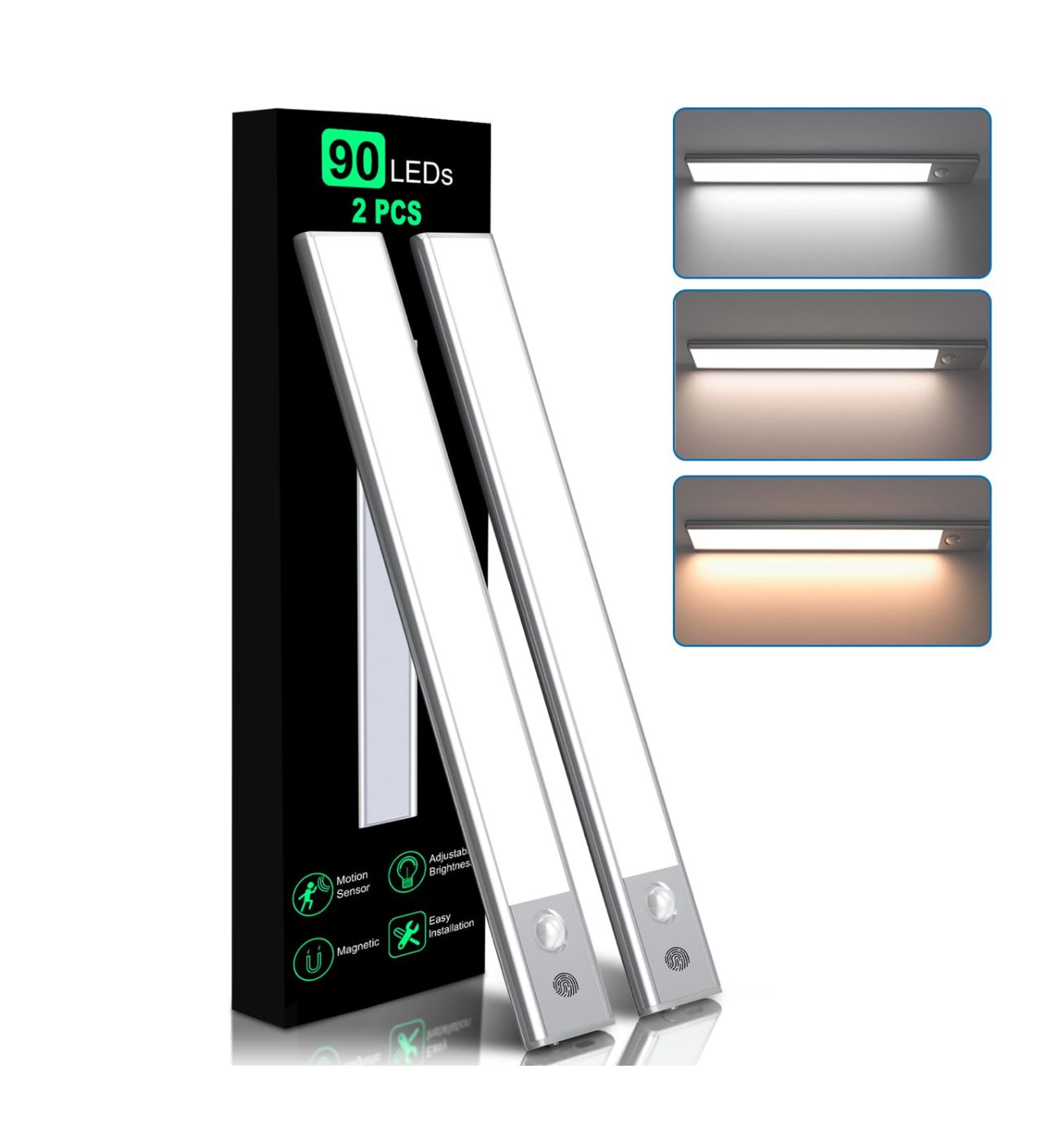 Luces para armario, luz con sensor de movimiento de 90 LED para interiores, recargable, 2000 mAh, inalámbrica, con 3 temperaturas de color