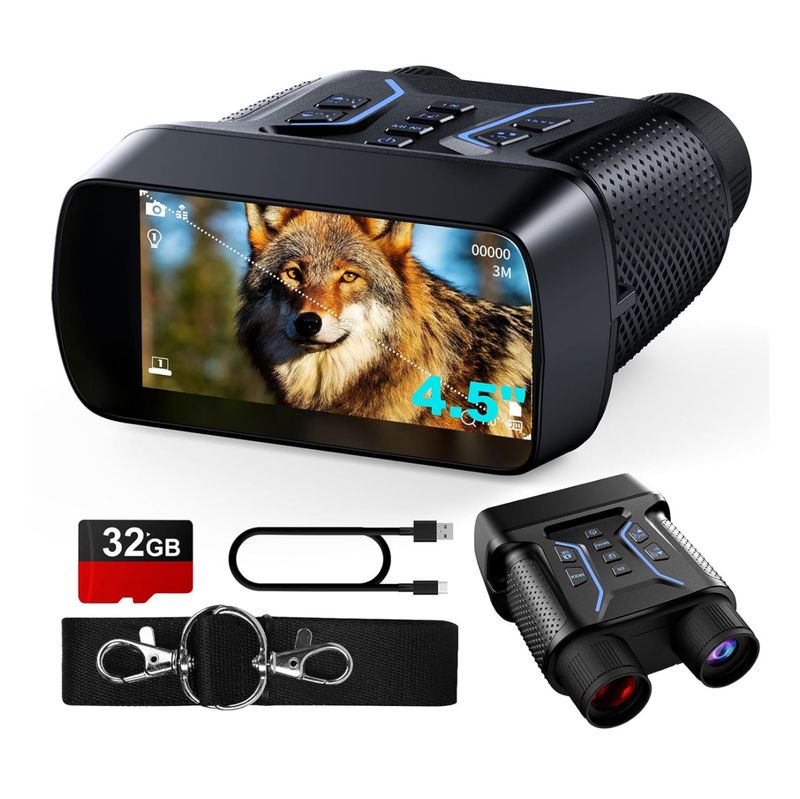 Gafas de Visión Nocturna, Video 4K UHD e Imagen de 36 MP, Binoculares de Visión Nocturna Infrarroja con Pantalla de 4.5&quot;, Batería Recargable de 4500 mAh, Tarjeta TF de 32 GB, Zoom Digital 8X