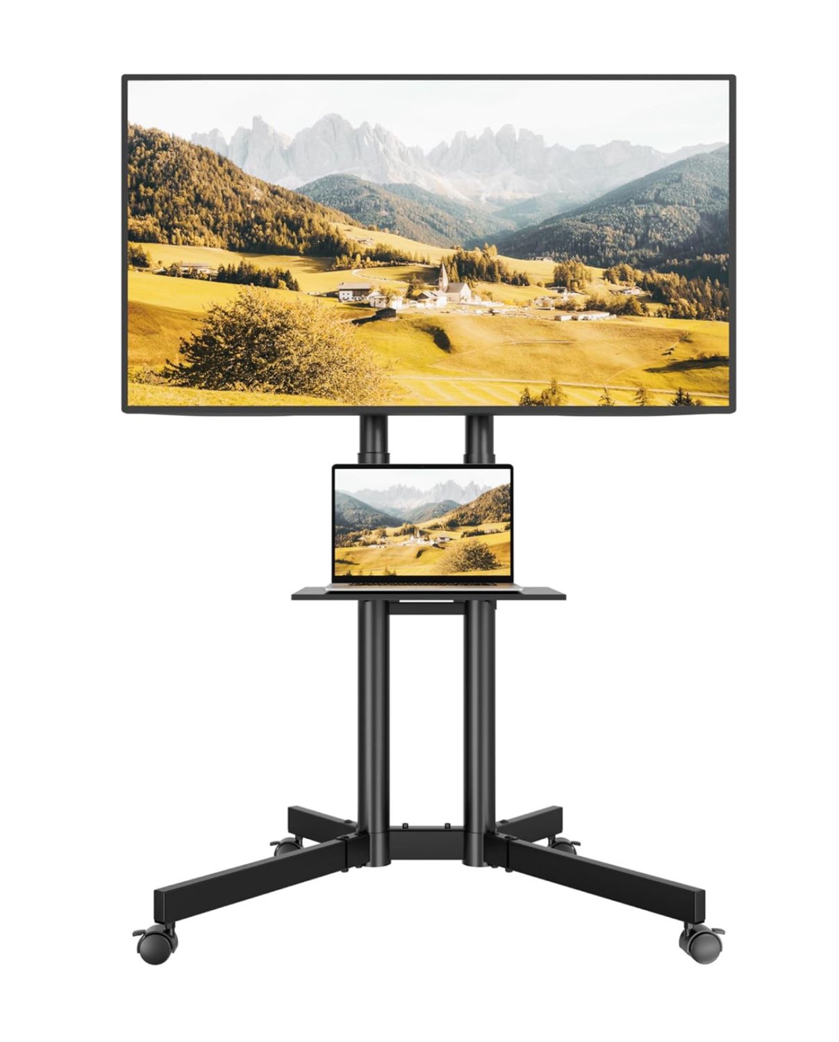 Soporte de TV móvil, soporte de suelo inclinable con ruedas y bloqueo para televisores de 32 a 85 pulgadas, altura ajustable con estante para portátil, soporta hasta 55 kg.