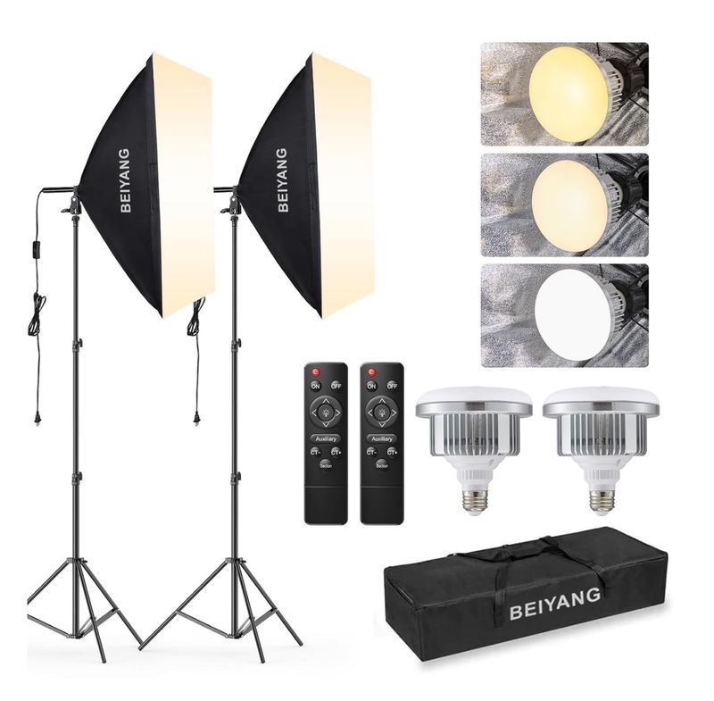 Kit de iluminación para softboxes BEIYANG, 2 softboxes fotográficos de 50,8 x 71,1 cm con 2 bombillas LED de 85 W, 6000 K, casquillo E27