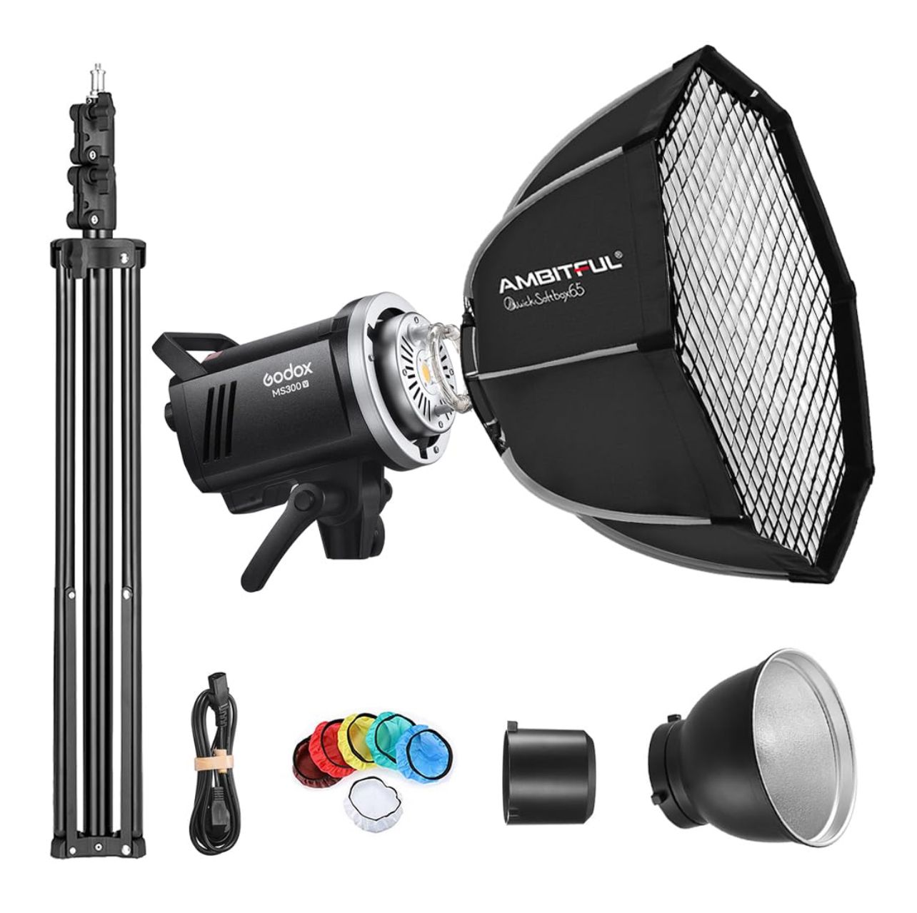 Kit de luz estroboscópica Godox MS300V, luz estroboscópica de estudio de 300 W, sistema inalámbrico 2.4G, tiempo de reciclaje de 0.1 a 1.8 s, lámpara de modelado LED con montura Bowens y softbox de in