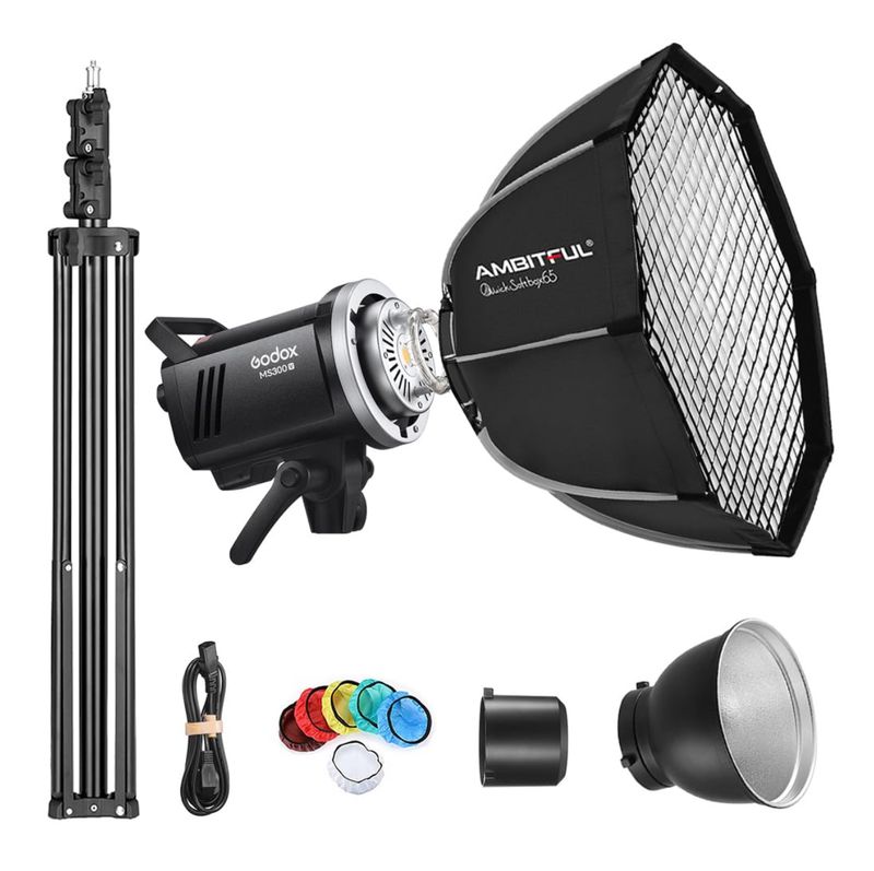 Kit de luz estroboscópica Godox MS300V, luz estroboscópica de estudio de 300 W, sistema inalámbrico 2.4G, tiempo de reciclaje de 0.1 a 1.8 s, lámpara de modelado LED con montura Bowens y softbox de in