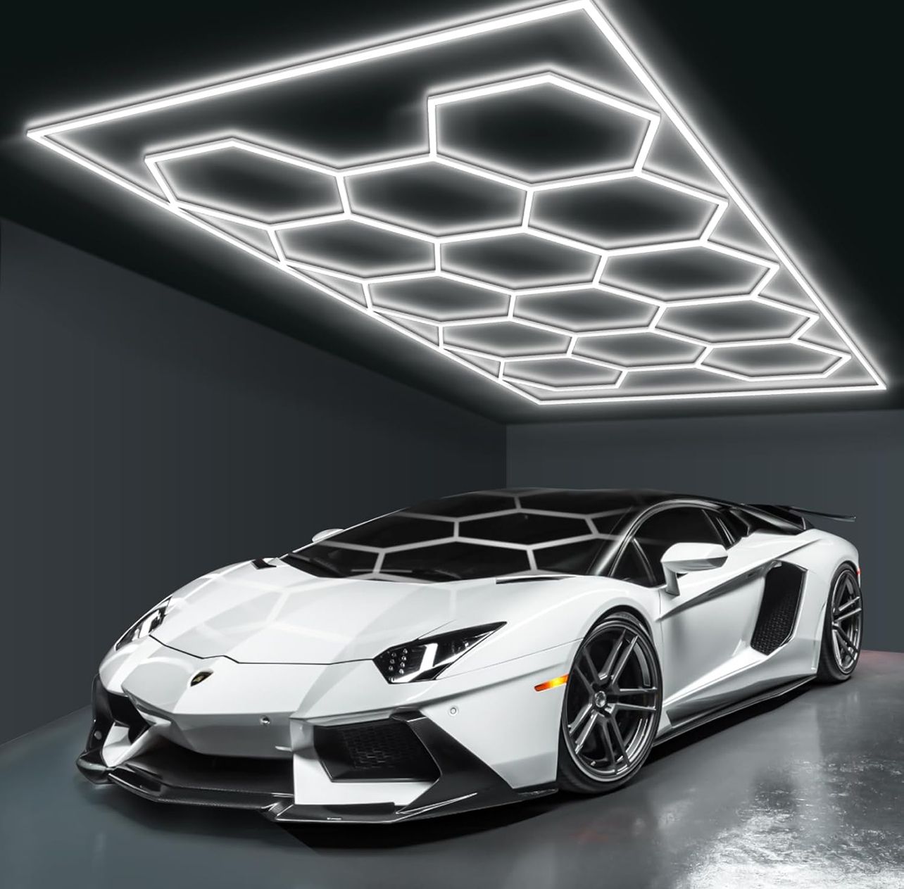 Luces de garaje hexagonales con diseño de panal, 672 W, 80640 LM, 6500 K, superbrillante, sistema de 14 rejillas