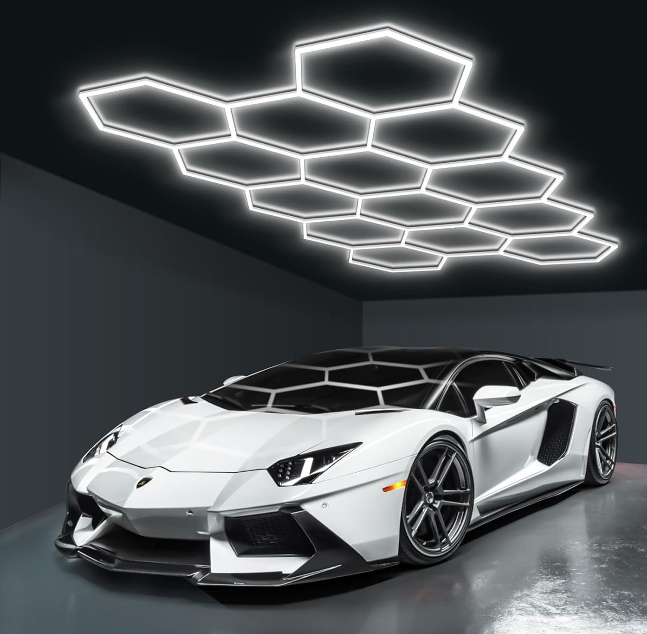 Luces de garaje hexagonales, luces LED de nido de abeja para garaje, 456 W, 54720 LM, 6500 K superbrillantes, 14 sistemas de rejilla