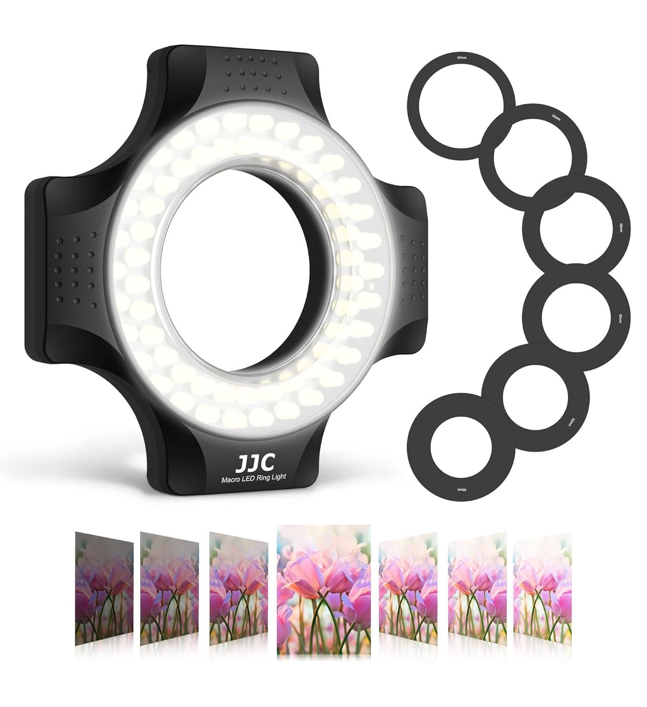 Anillo de luz macro JJC para lentes macro monta directamente en objetivos Canon, Nikon, Sony, Tamron y otros con rosca para filtro de 49 mm, 52 mm, 55 mm, 58 mm, 62 mm o 67 mm.
