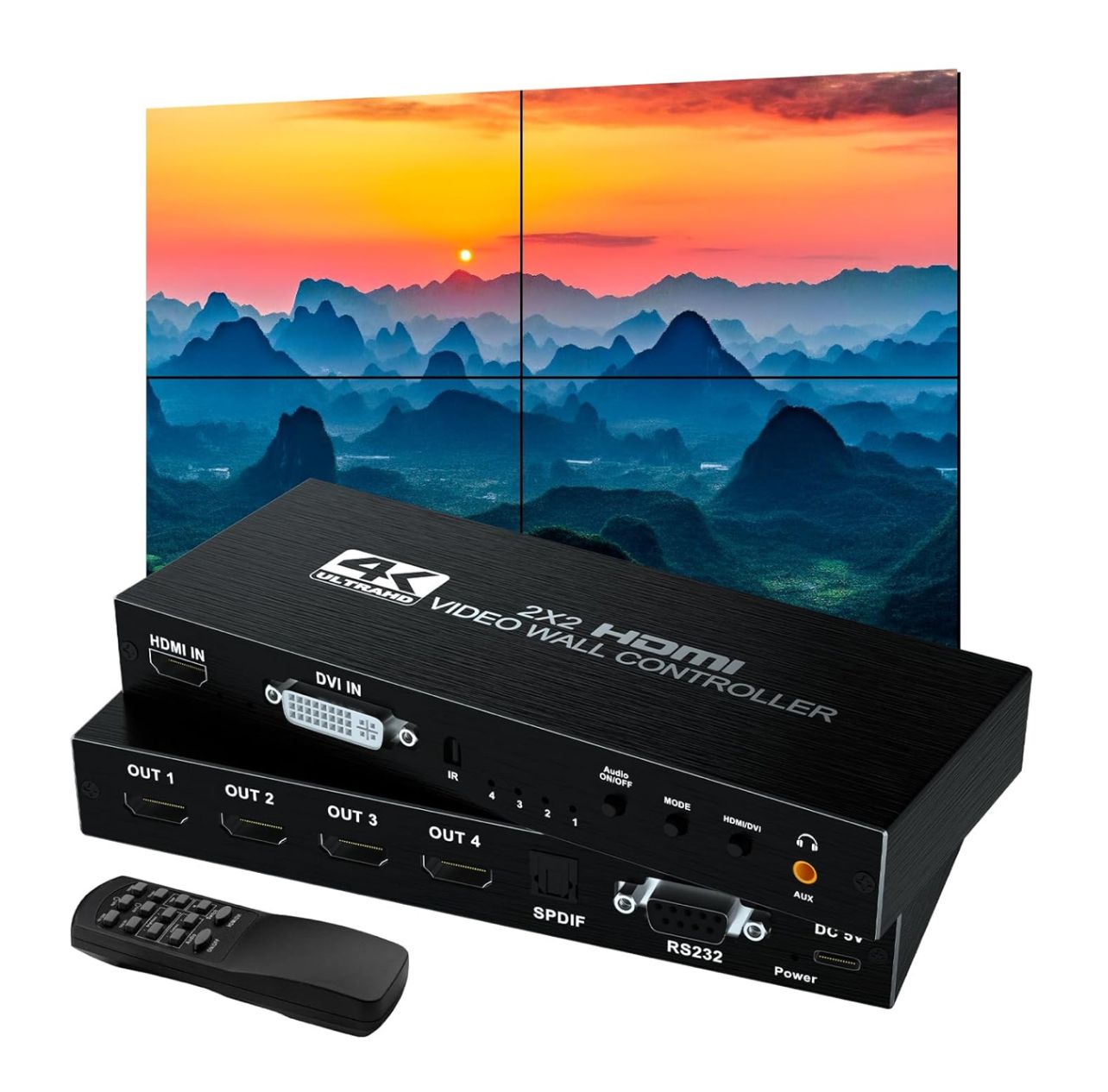 Controlador de Video Wall 2x2, Procesador de Video Wall con Pantalla HD 4K x 2K y Entrada HDMI y DVI