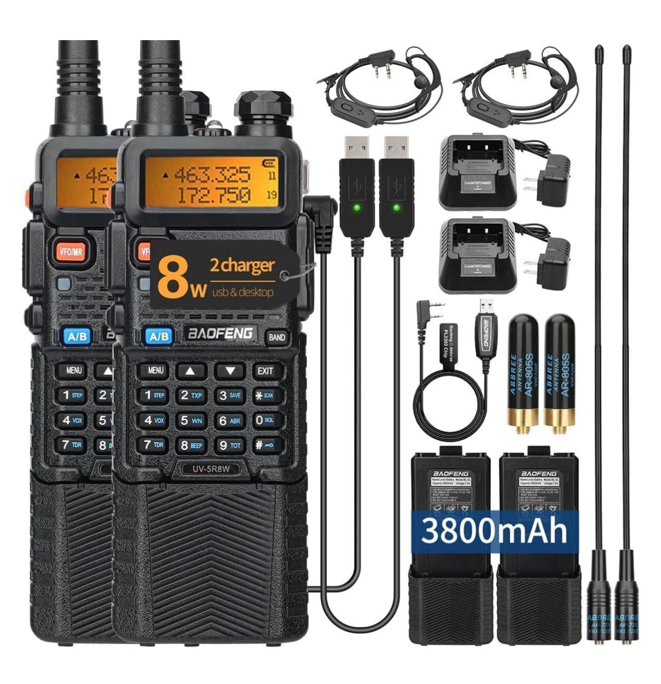 Radios profesionales Baofeng UV-5R de 8 W, largo alcance, banda dual, portátil, alta potencia, 3800 mAh, recargable