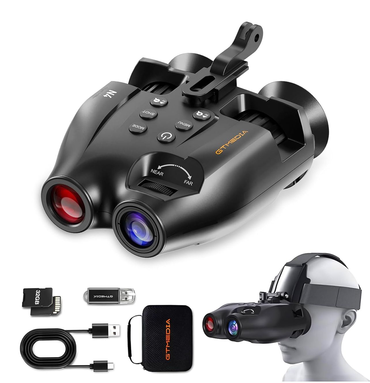 Gafas de visión nocturna, binoculares de visión nocturna para montar en la cabeza, gafas infrarrojas con tarjeta de memoria de 32 GB, luz ajustable y zoom digital de 5x