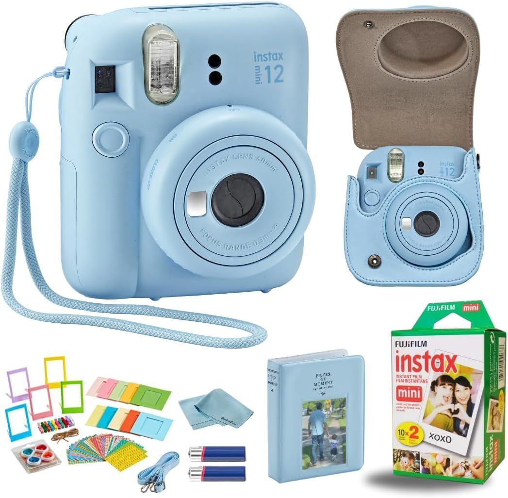 Fujifilm Instant Mini 12 cámara + paquete de accesorios y funda personalizada compatible + Fuji Instant (20 disparos) mini álbum de fotos de diseñador (60 bolsillos) (azul pastel)