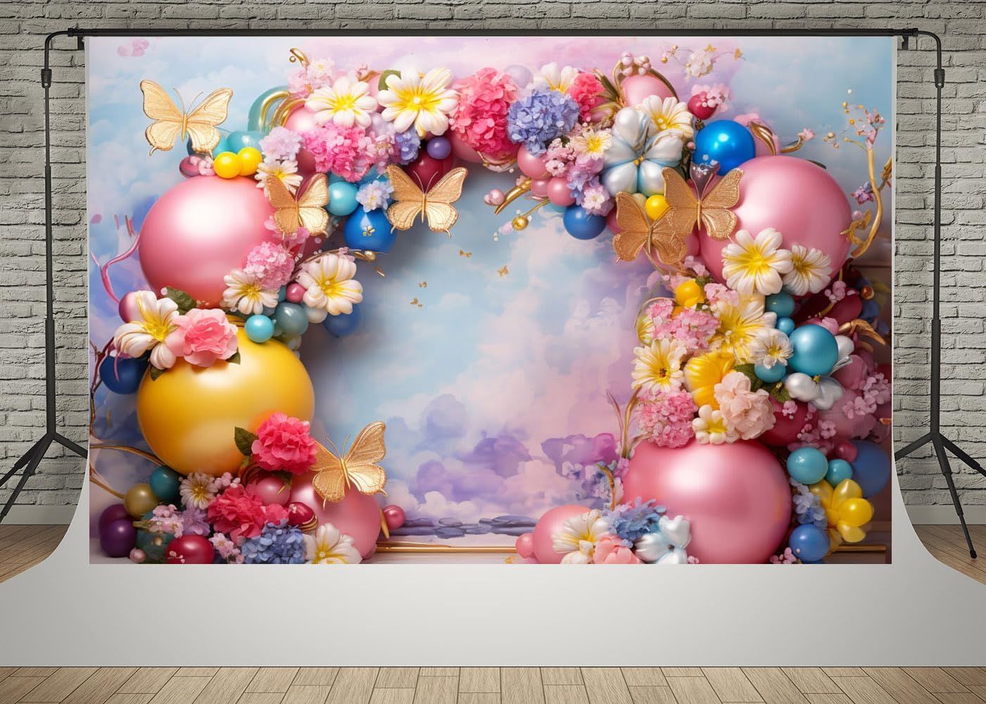 Kate Fondos de fotografía de pared de 7 x 5 pies, globos coloridos, flores, mariposa, decoración de arco de fotos