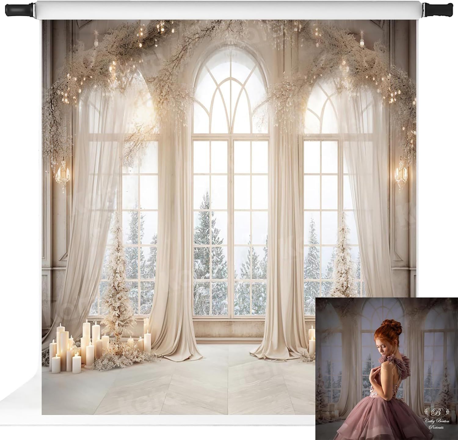 Kate Telón de fondo de invierno del país de las maravillas nevado con luz de las velas para fotografía romántica, accesorios de estudio, 10 x 10 pies