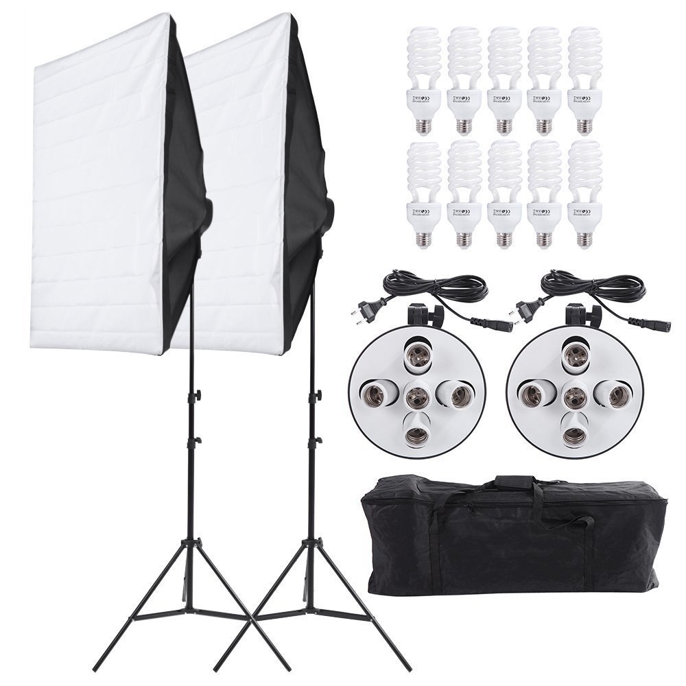 Andoer – Kit de iluminación estudio fotográfico Retrato producto luz equipo de vídeo (Softbox + 5 in1 Luz Socket + 10pcs 45 W foco + Trípode + Bolsa de transporte)