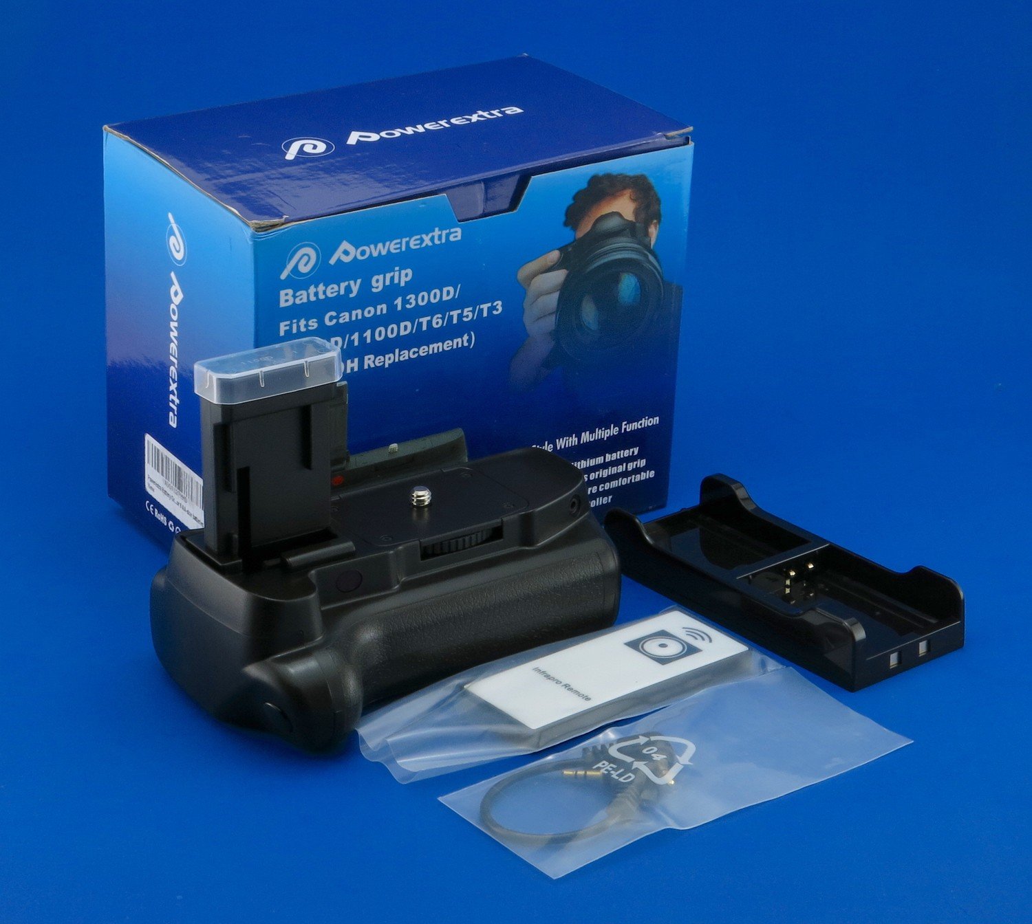Powerextra Batería Grip para Canon 1100d 1200d 1300d/Rebel T3/T5/T6 con mando a distancia por infrarrojos con 2 pcs LP-E10 de trabajo o 6 pilas AA