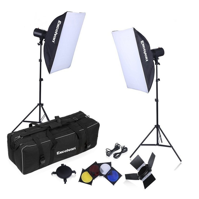 Excelvan 320W Strobe Studio Photography Photo Flash Light Kit with Strobes + Barn Doors + Light Stands + Triggers + Soft Box