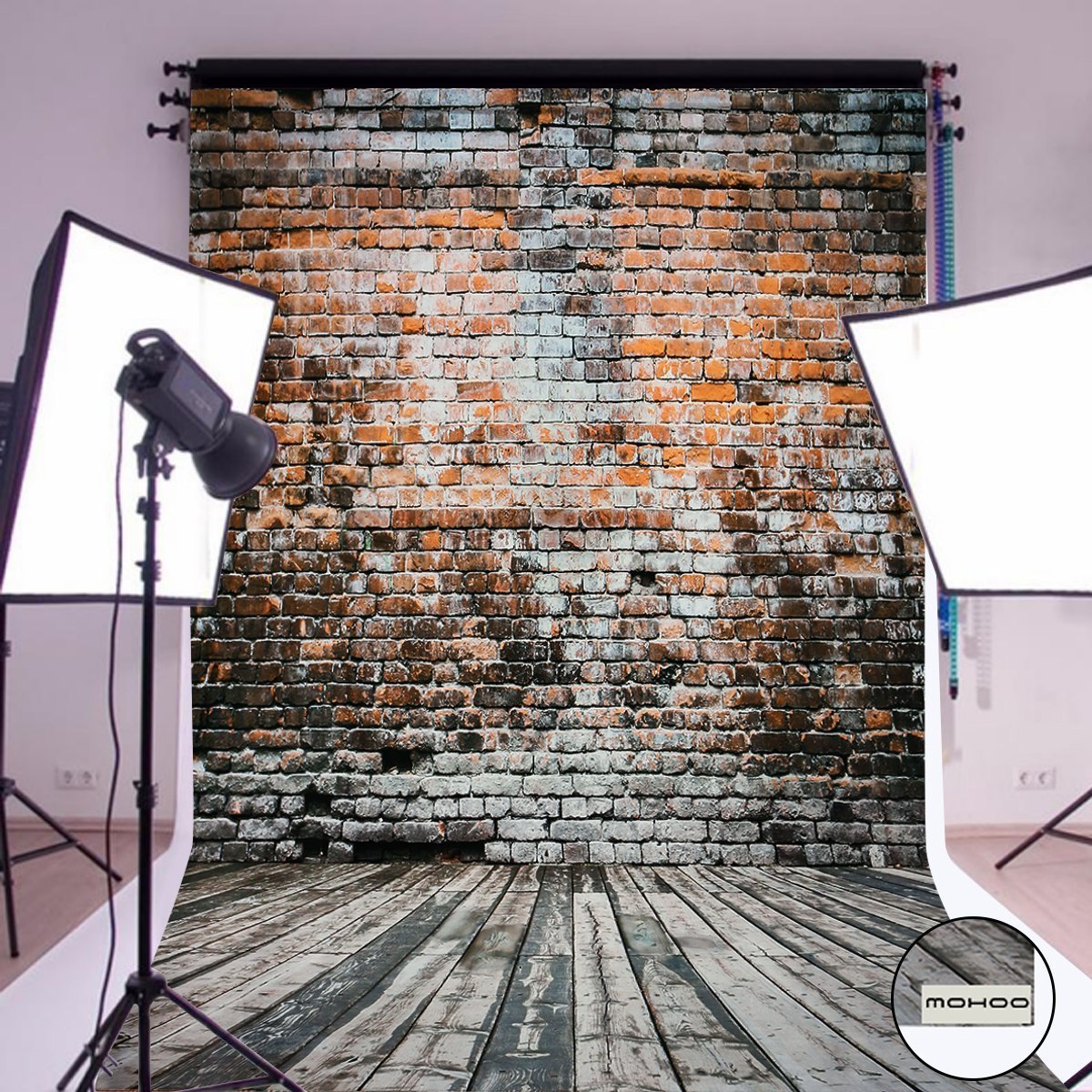 MOHOO Photography Background 5X7ft Cotton Polyester Brick Wall Wood Floor backdrop Collapsible and Washable Studio Photo Props for Photography (Updated Materia) 1.5mx2.1m