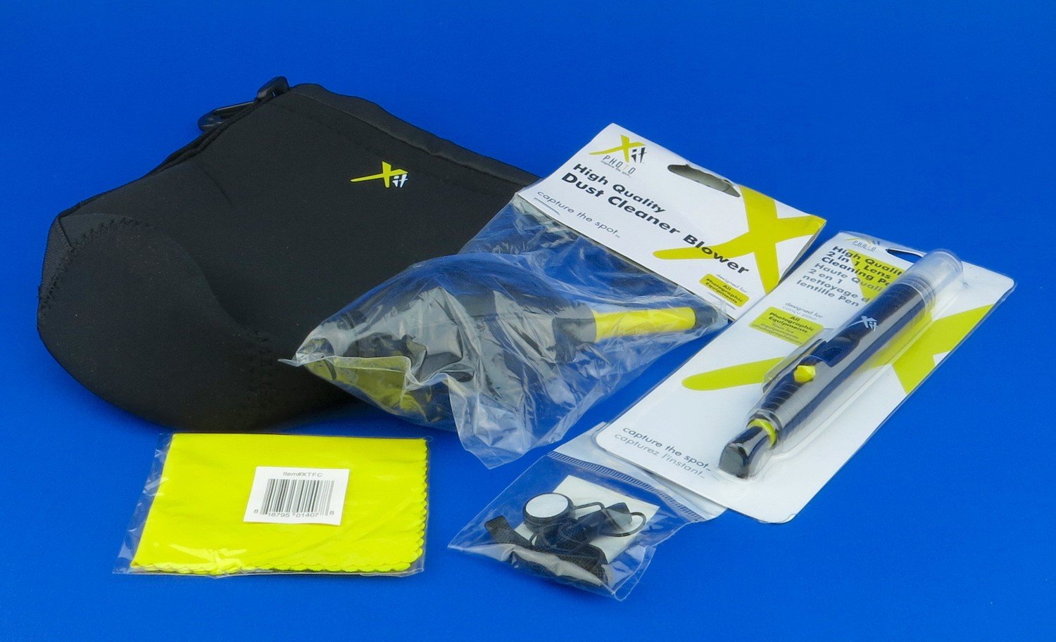 Set HitPhoto: bolsa de lente de neopreno suave 2 en 1 pluma de limpieza (cepillo &amp; Spray) Alta calidad polvo Aspirador soplador Tapa de lente Keeper Suave gamuza de limpieza