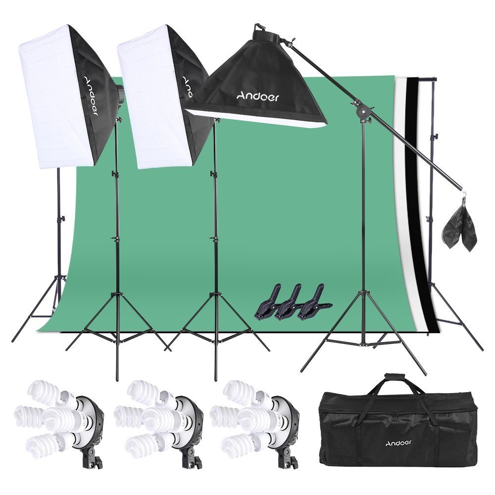 ​Foto Video Studio Kit de luz softbox soporte Kit con 3 6.6 x 9.8 ft telón de fondo de color (Blanco/Negro/Verde) para fotografía de estudio y vídeo iluminación