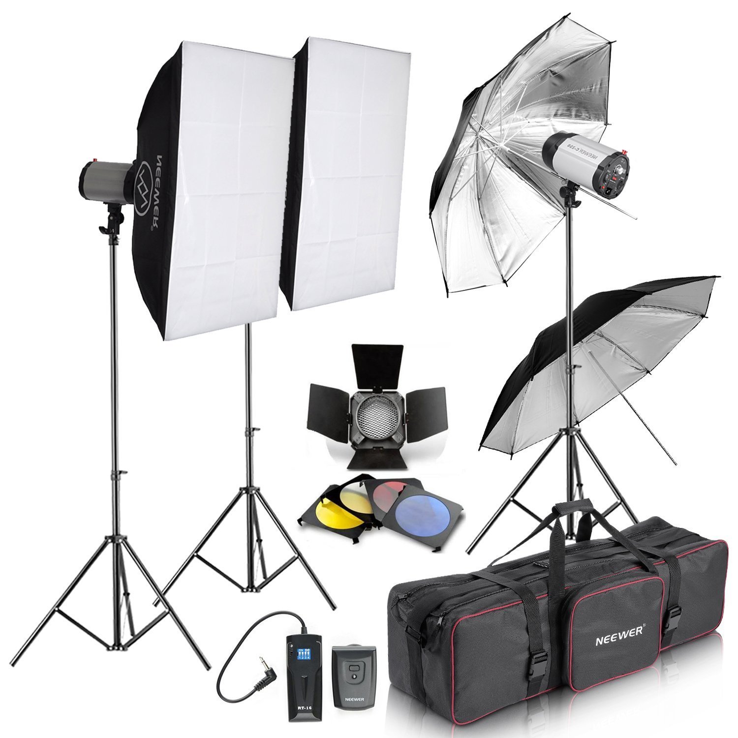 Neewer 750 W fotográfico profesional disparador de flash estroboscópico Kit de luz – Juego de soportes puerta de granero, Caja suave, paraguas,, Lámparas de Estudio &amp; More