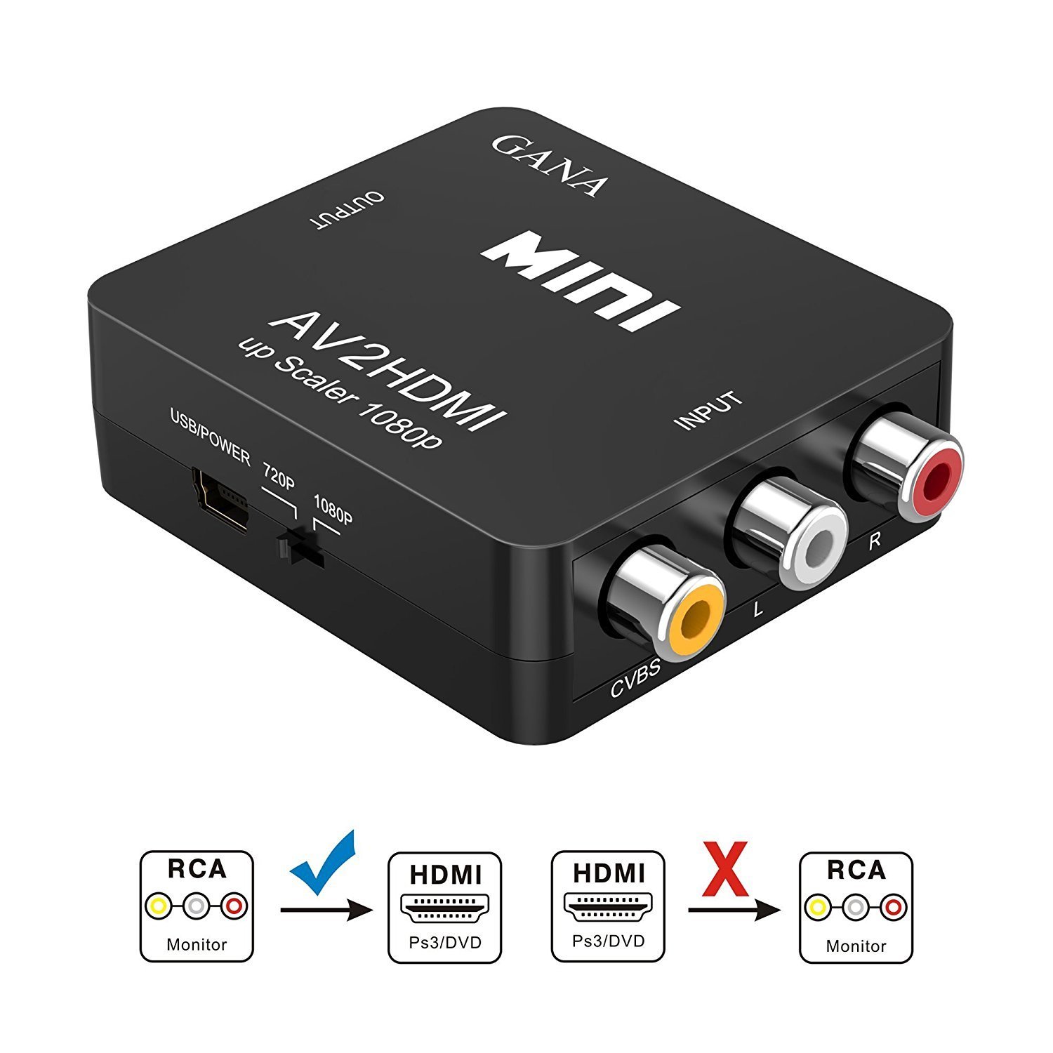 3 RCA CVBS compuesto AV to HDMI Converter Adapter upscaler 1080P Full HD con cable de carga USB, PAL/NTSC de apoyo para TV/PC/PS3/STB/Xbox VHS VCR/Blue-Ray reproductores de dvd, Negro