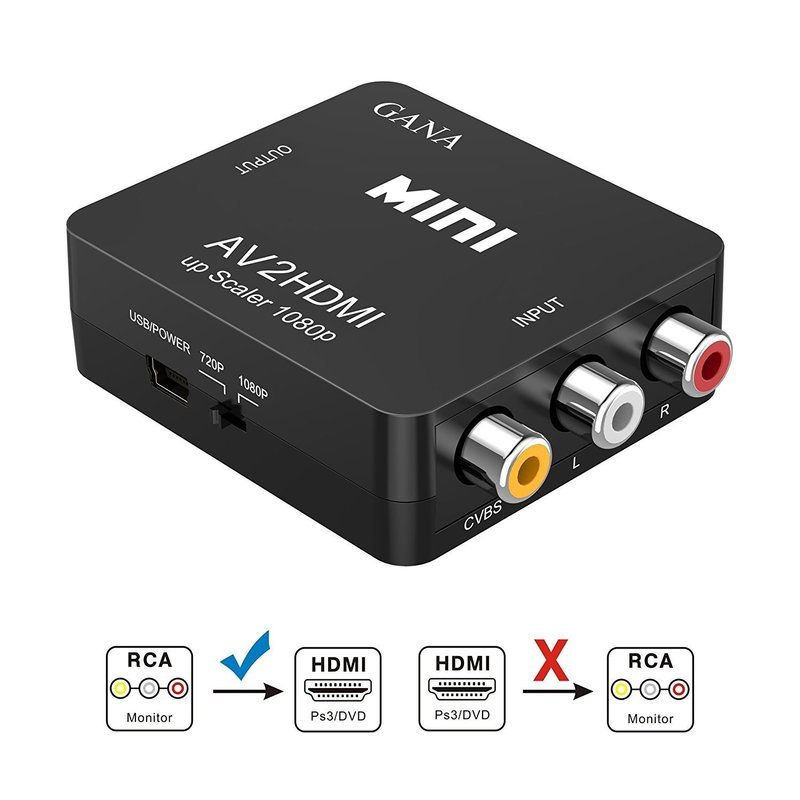 3 RCA CVBS compuesto AV to HDMI Converter Adapter upscaler 1080P Full HD con cable de carga USB, PAL/NTSC de apoyo para TV/PC/PS3/STB/Xbox VHS VCR/Blue-Ray reproductores de dvd, Negro