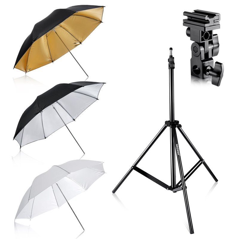 Neewer – Soporte para Flash Tres Sombrillas Kit 33&quot;/84 cm Blanco Suave/plata reflectante/oro paraguas reflectantes