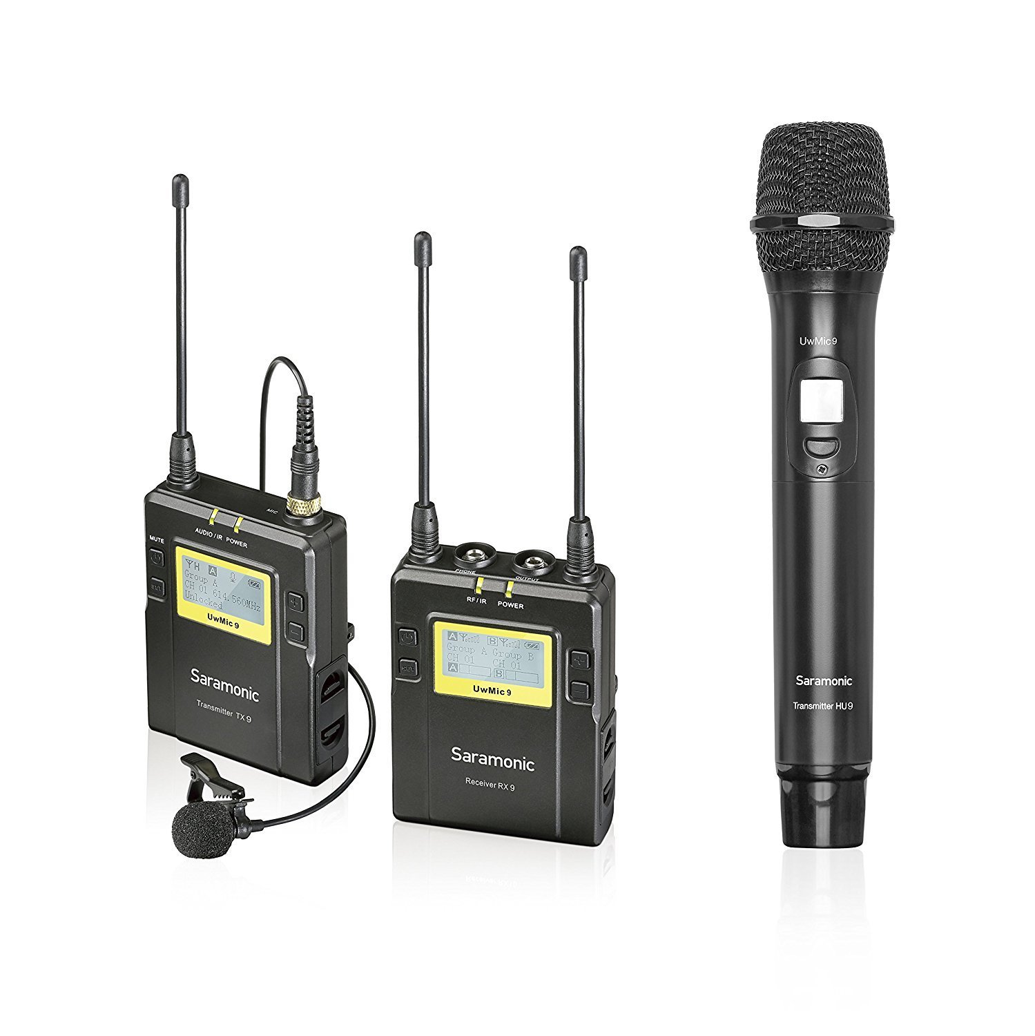 Saramonic uwmic9 UHF Micrófono inalámbrico Lavalier Sistema de micrófono + Handheld con Bodypack transmisor + Lav Mic, de mano con transmisor, receptor, salidas de zapato, XLR/3.5 mm