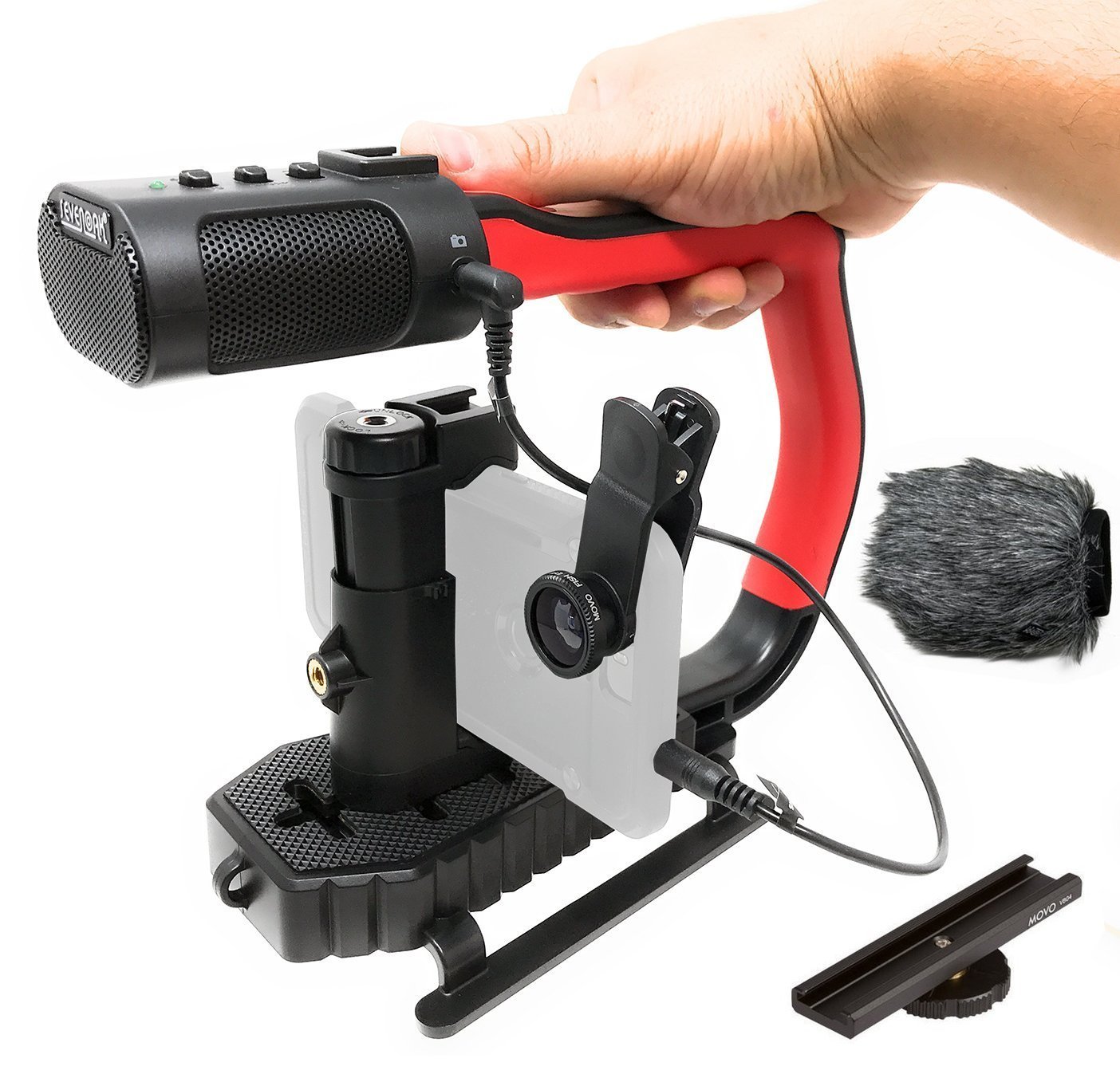 Movo MicRig Extreme Sport Edition - Video Grip Handle with Integrated Stereo Microphone, Windscreen, &amp; Fisheye Lens for iPhone 5, 5C, 5S, 6, 6S, 7, 8, X (Regular and Plus), Samsung Galaxy, Note &amp; More