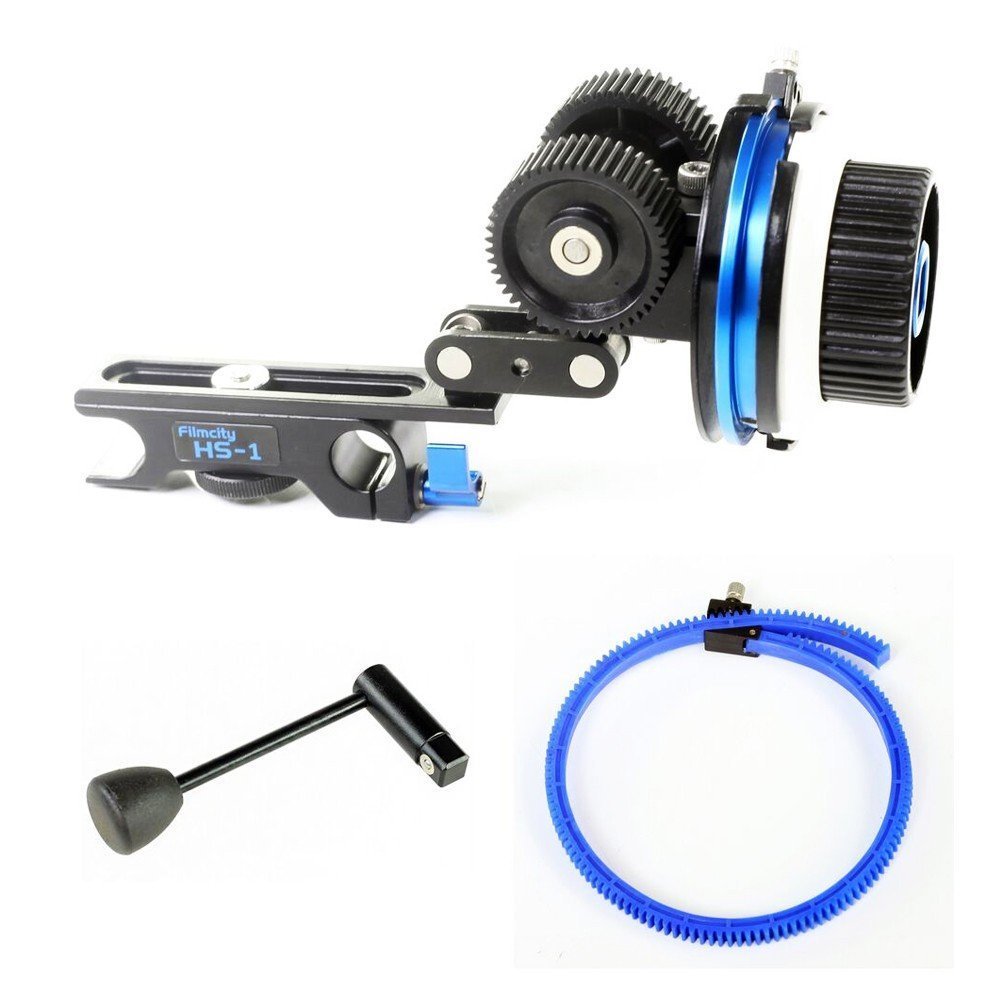 FILMCITY (HS-1) Professional Precise Aluminum Follow Focus with Hard Stops, Flexible Gear Belt &amp; Speed Crank | For 15mm Rod Support &amp; DSLR Video Camera Camcorder Shoulder Rig Kit