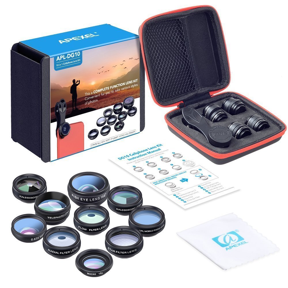 Apexel 10 in 1 Cell Phone Camera Lens Kit Wide Angle Lens &amp; Macro Lens+Fisheye Lens+Telephoto Lens+CPL/Flow/Radial/Star Filter+Kaleidoscope 3/6 Lens for iPhone Samsung Sony and Most of Smartphone