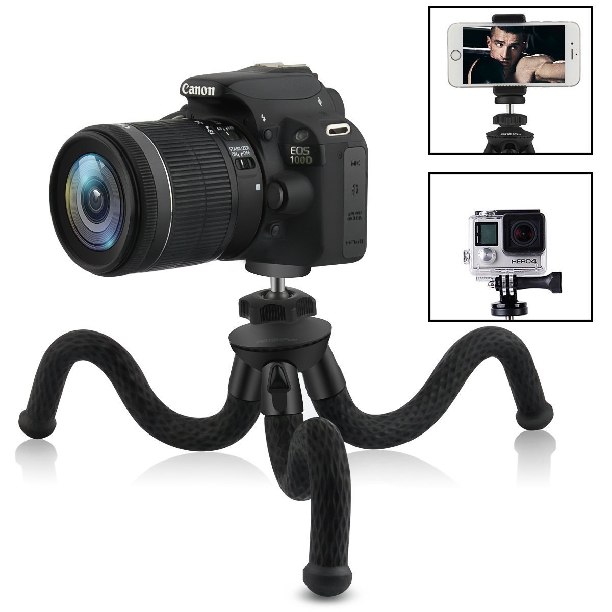 Camera/Phone Tripod,Patekfly 12 Inch Flexible Camera Tripod For GoPro/Canon/Nikon/Sony DSLR Cam/Gopro Action Cam, Phone Tripod Stand with Cell Phone Holder Clip For iPhone/Android Phone(3 in 1)