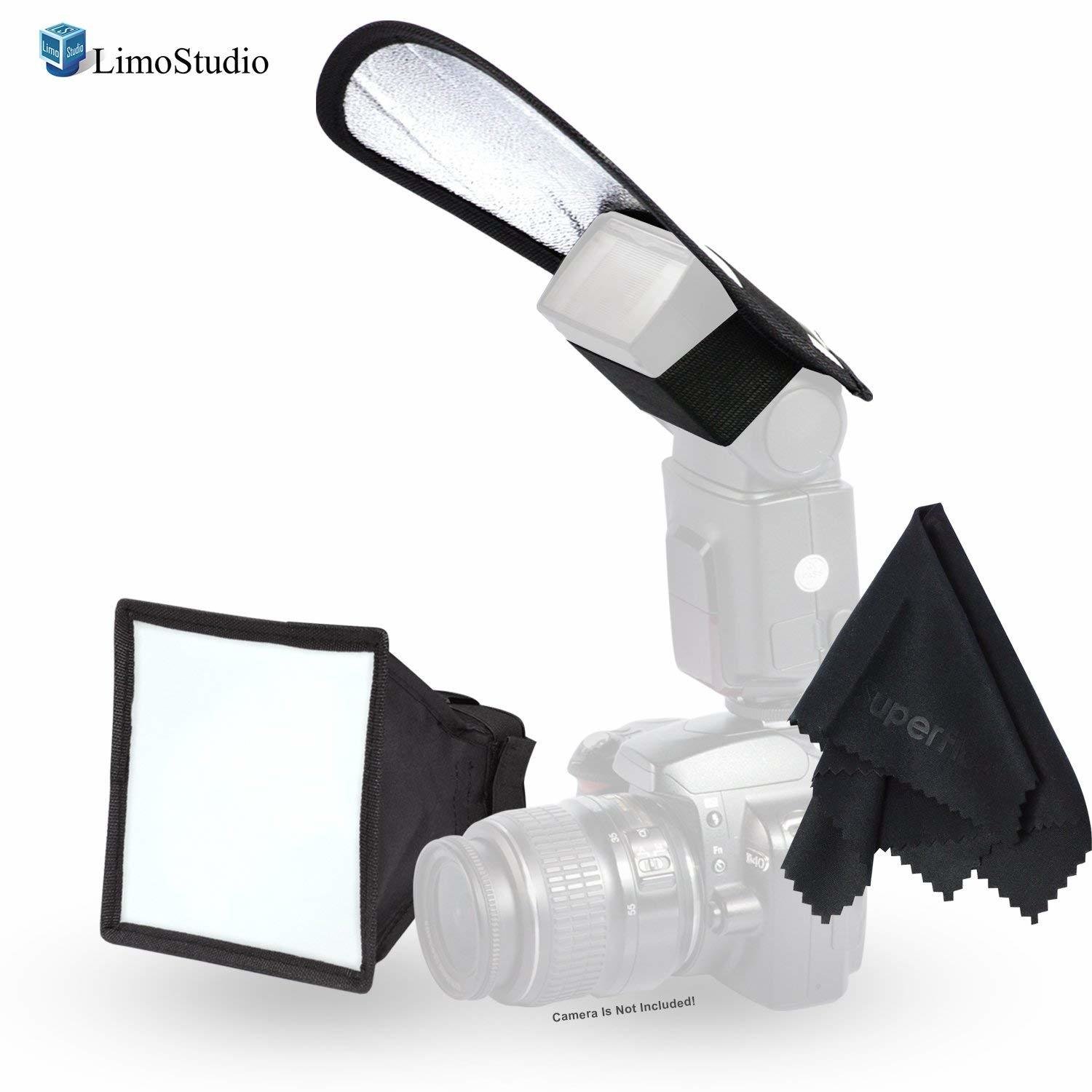 LimoStudio 6 x 7 inch Foldable Mini Soft Box Lighting Diffuser Cover for Flash Light, Speedlite, Double-Sided Reversible Silver / White Reflector for Photo Video Shooting with Cleaning Cloth