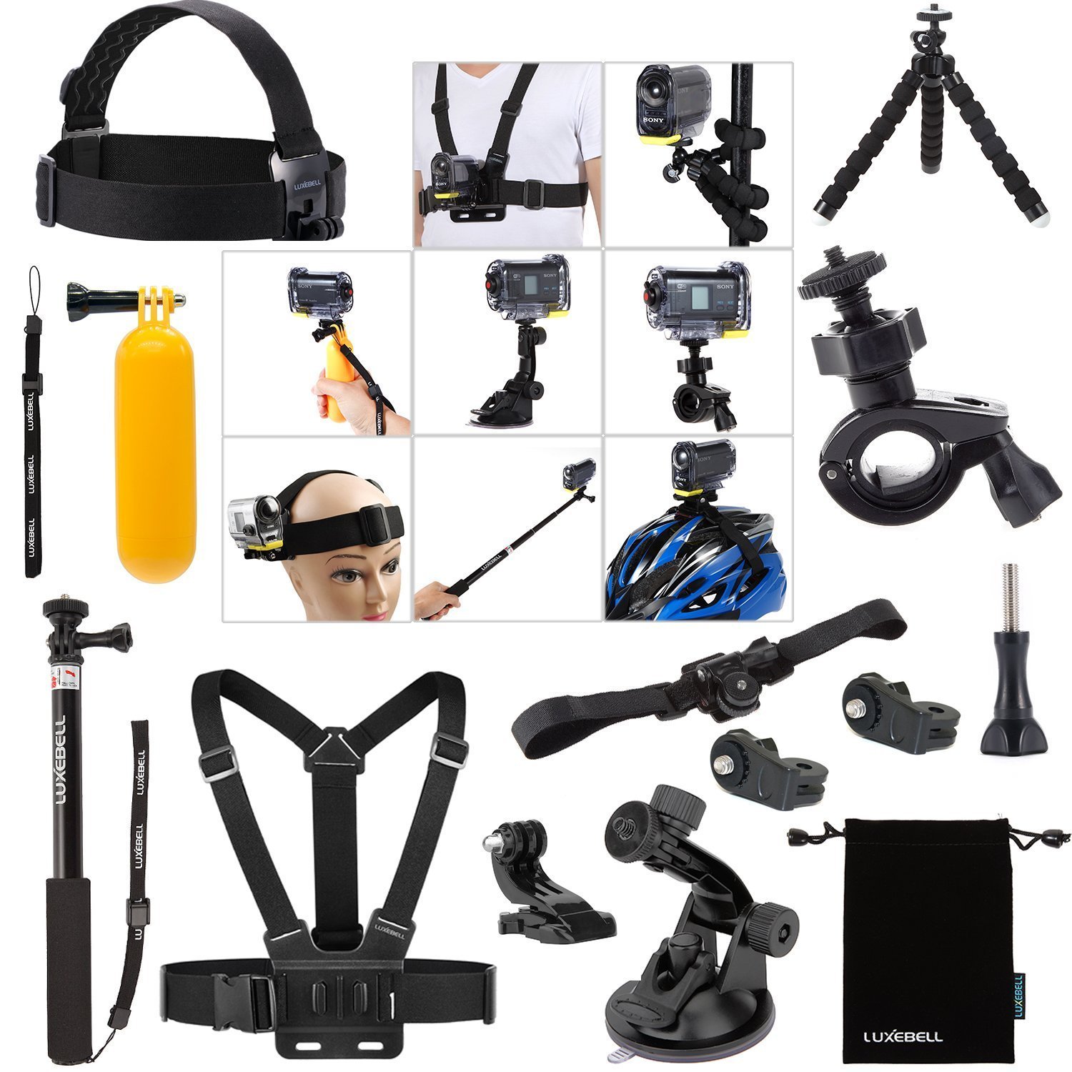 Accessories Bundle Kit for Sony Action Camera Hdr-AS15 AS20 AS30v AS50 AS100v AS200v Hdr-az1 Mini Fdr-x1000v (14-in-1)