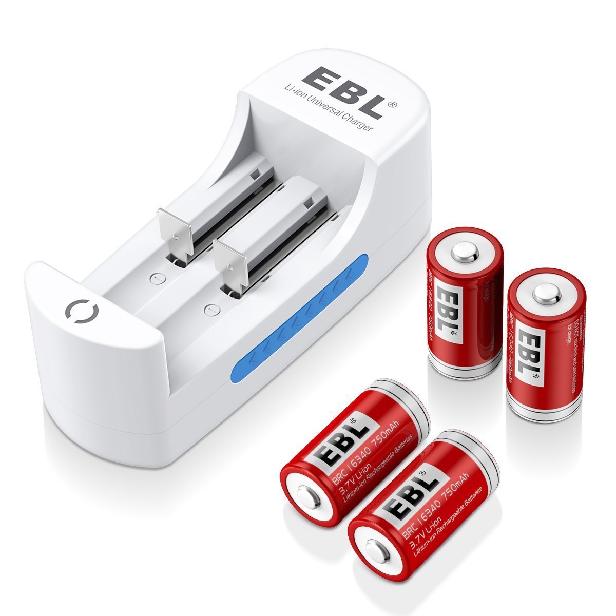EBL Li-Ion cargador de batería universal con paquete de 4 3.7 V 750 mAh 16340 RCR123 A recargable de iones de litio de pilas