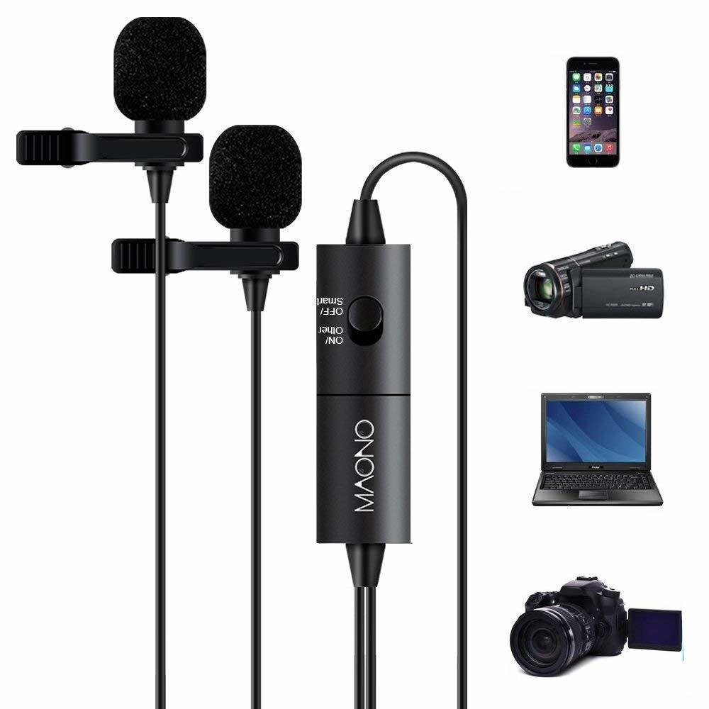 Maono Lavalier Micrófono doble. Mic Manos Libres con condensador omnidireccional para la cámara, DSLR, iPhone, Android, Samsung, Sony, PC, portátil. Amplificador de senal, cable 6m.