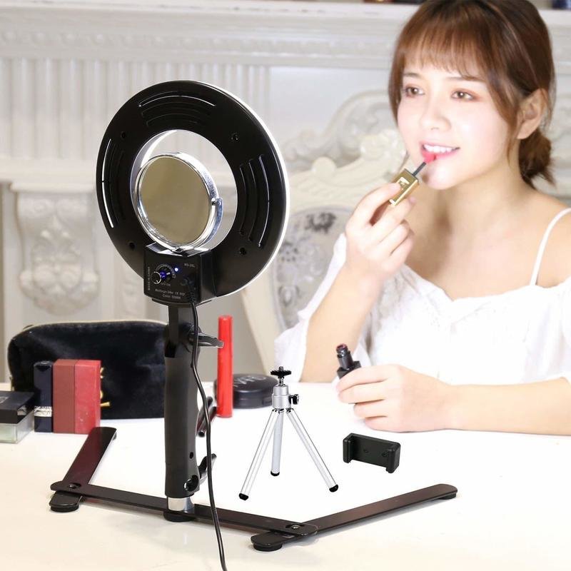 8-Inch tablero de la mesa regulable Anillo de luz LED 24 W 5500 K o Selfie Kit de iluminación con espejo, Mini trípode, abrazadera de teléfono, para maquillaje, cámara Smartphone