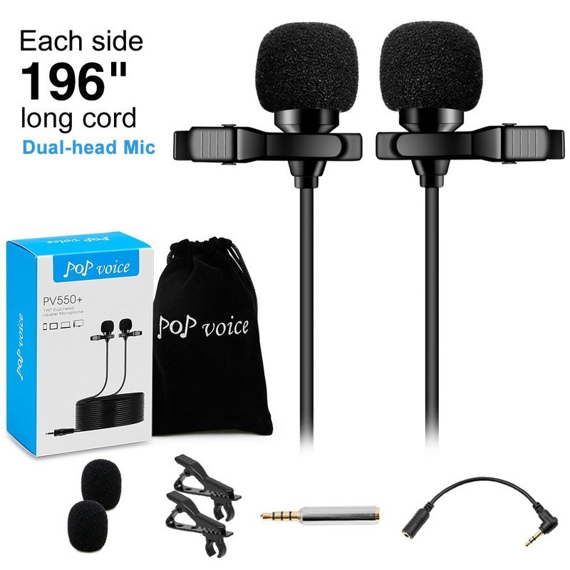 Micrófono de solapa 196&quot; cable doble profesional con gancho, micrófono de condensador omnidireccional para iPhone de Apple, Android, PC, grabación de vídeo de YouTube, entrevistas, conferencias