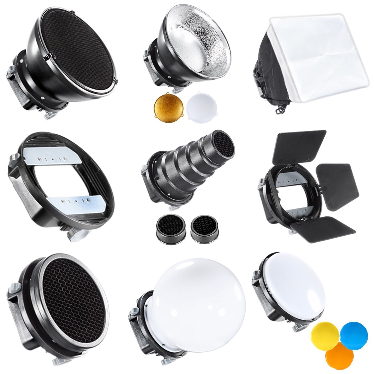 Neewer Pro Flash Speedlite Kit de accesorios con Barndoor, Snoot cónico, Mini Reflector, esférica, difusor, beaty Disco, 8&quot;x12&quot;/20 x 30 cm caja de luz, panal, filtros de color, soporte universal