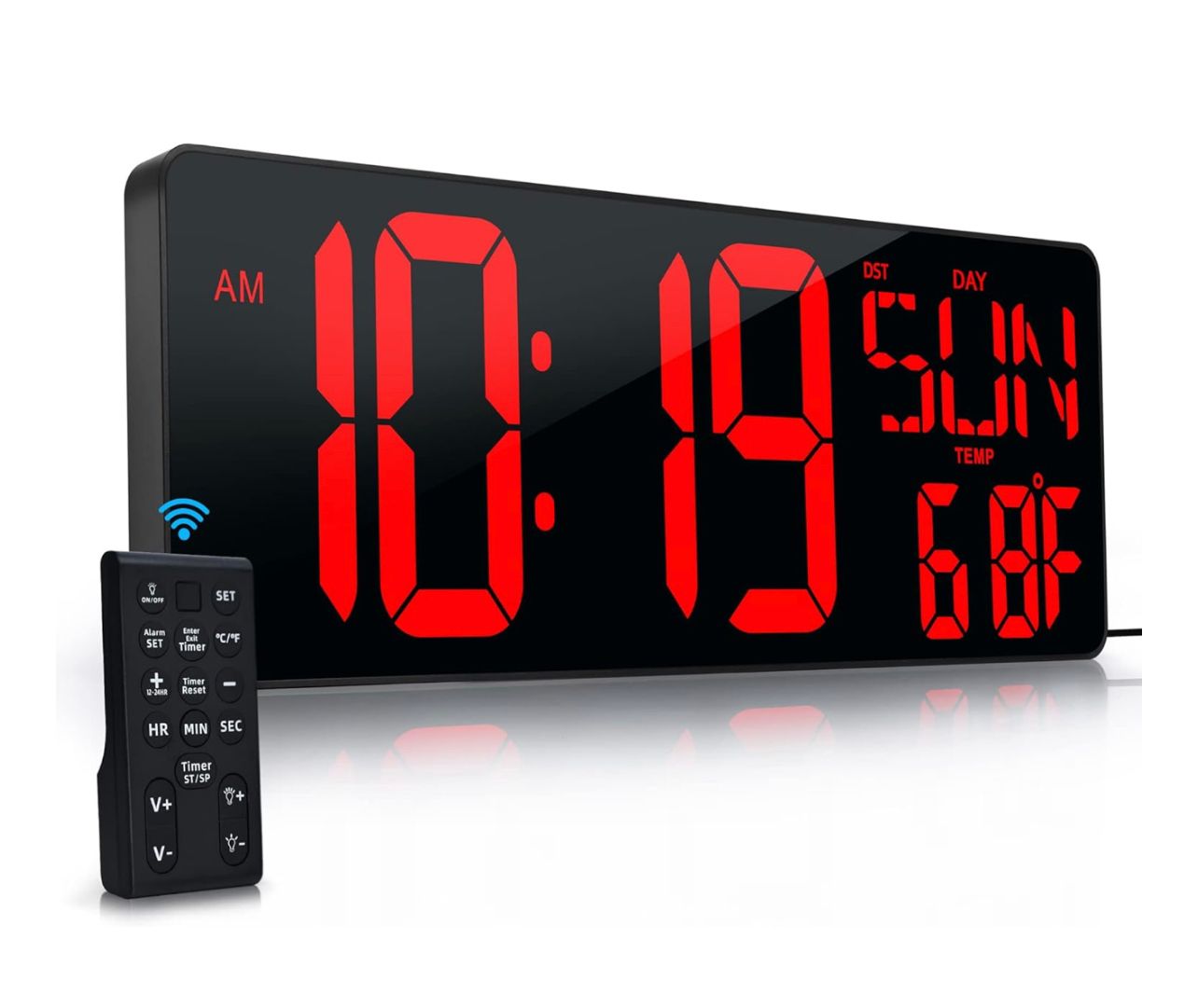 Large Digital Wall Clock with Remote Control 17.2" LED Large Display Timer with Temperature Date Week Auto DST Adjustable Brightness