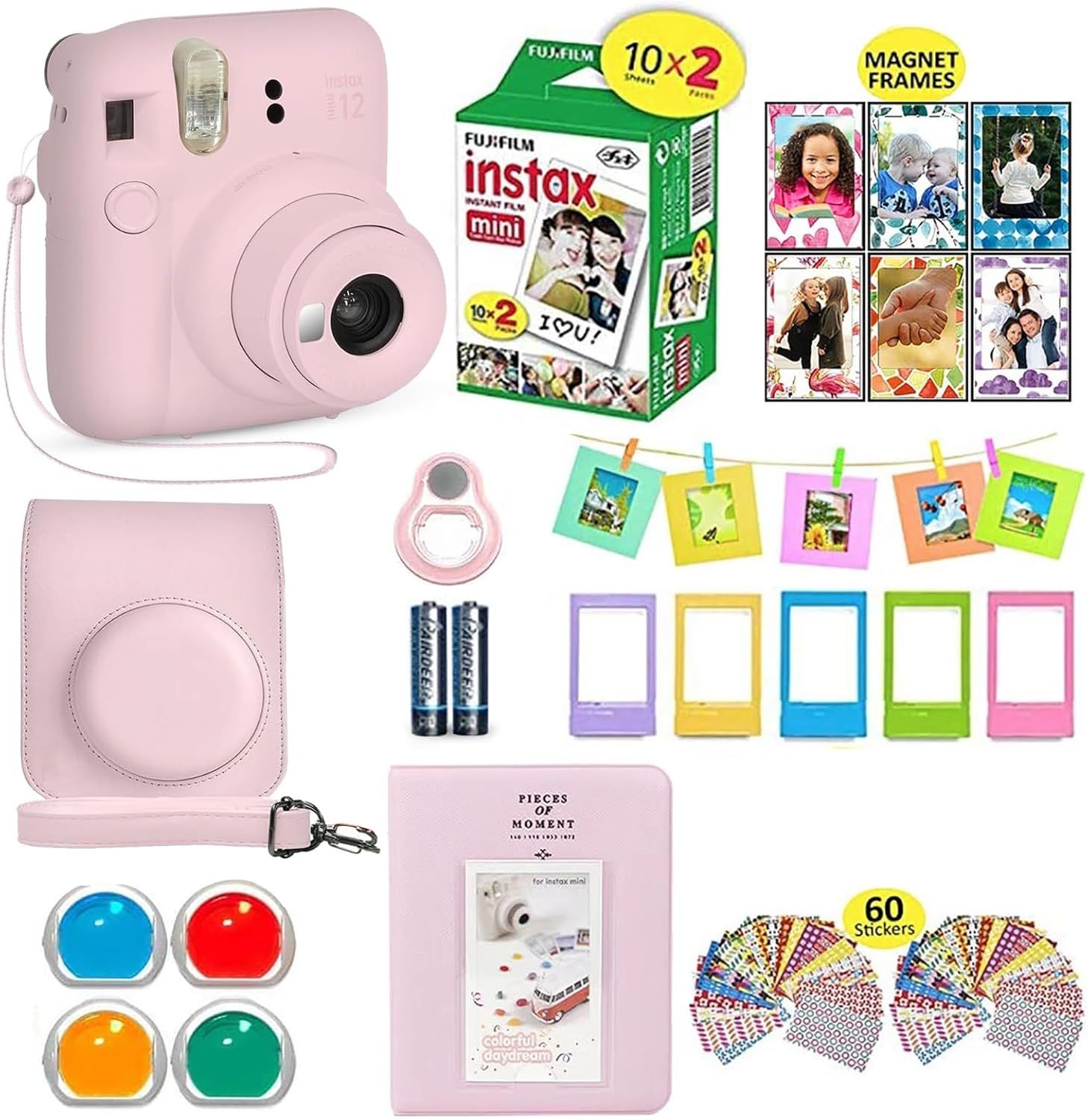 Fujifilm Instax Mini 12 Cámara Instantánea Rosa Flor + Estuche de Transporte Compatible con Obturador + Paquete de Valor de Película Fuji (20 Hojas) + Paquete de Accesorios de Obturador