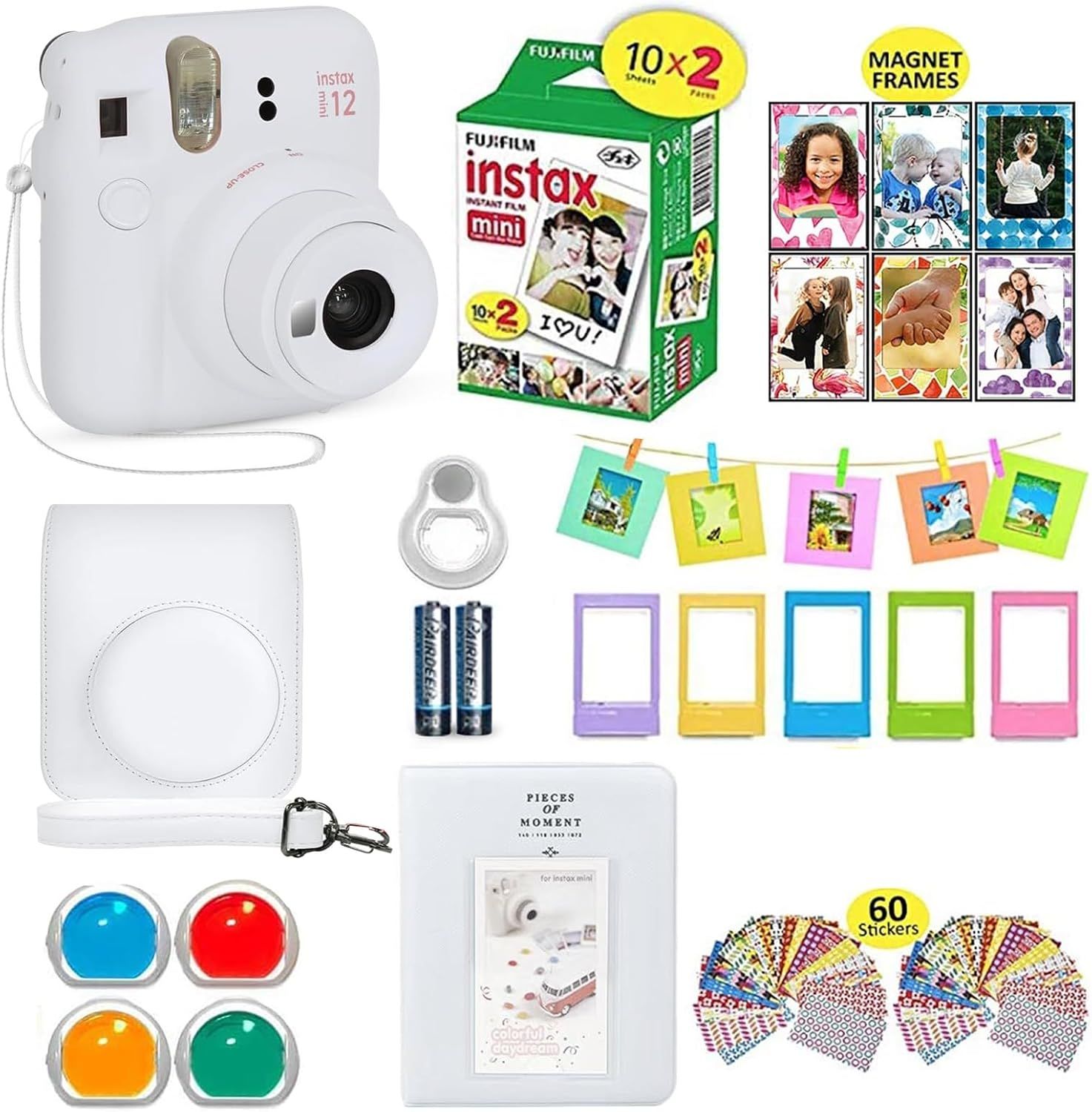 Fujifilm Instax Mini 12 - Cámara instantánea color blanco arcilla + funda de transporte compatible con obturador + paquete económico de película Fuji (20 hojas) + paquete de accesorios para obturador