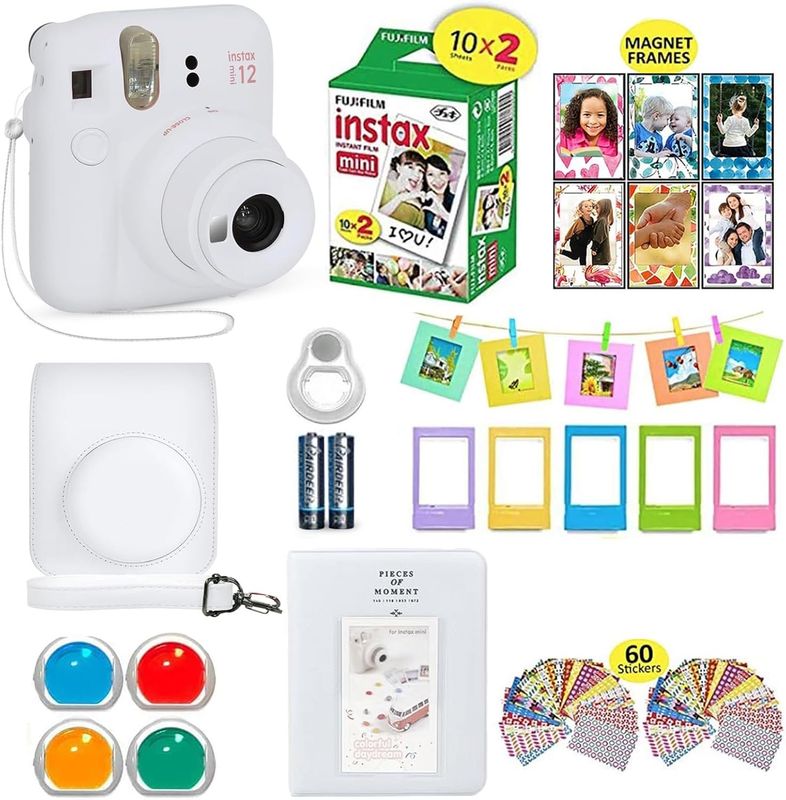 Fujifilm Instax Mini 12 - Cámara instantánea color blanco arcilla + funda de transporte compatible con obturador + paquete económico de película Fuji (20 hojas) + paquete de accesorios para obturador Fujifilm Instax Mini 12 - Cámara instantánea color blanco arcilla + funda de transporte compatible con obturador + paquete económico de película Fuji (20 hojas) + paquete de accesorios para obturador